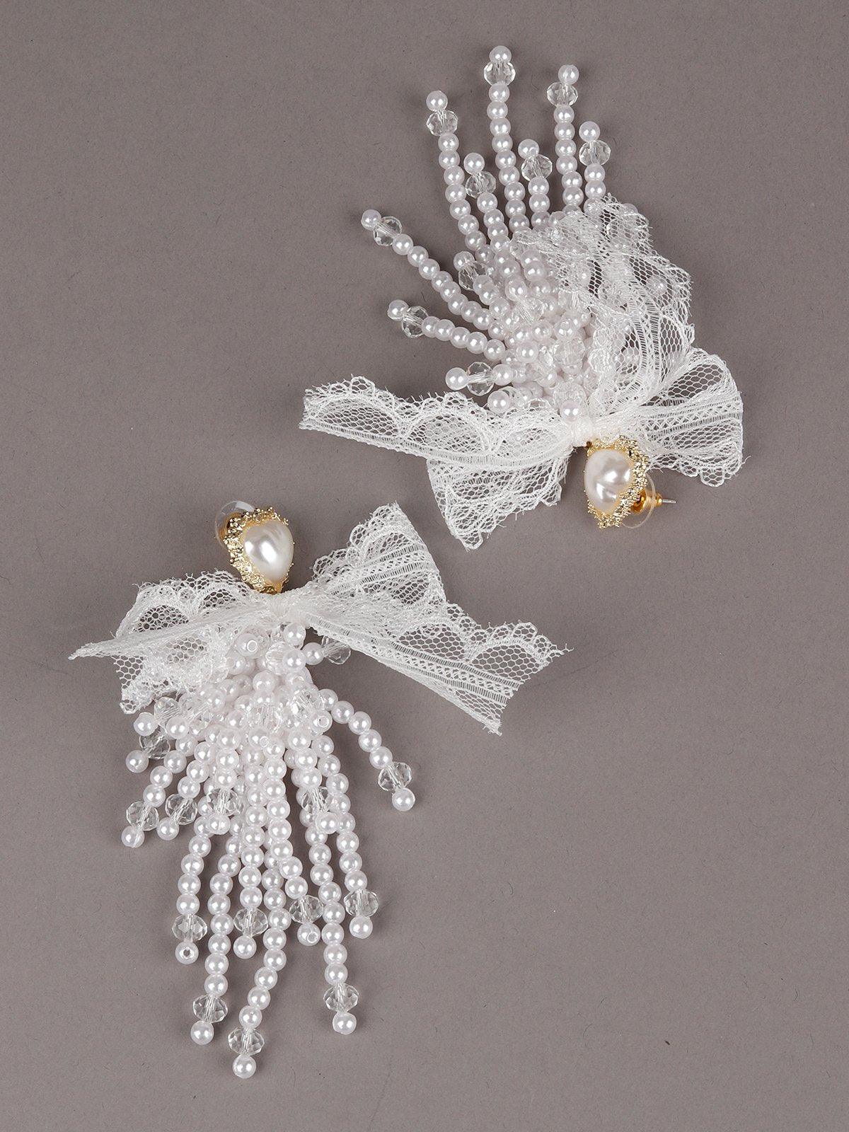 Women's White Lace Heart Beaded Tassel Earrings - Odette