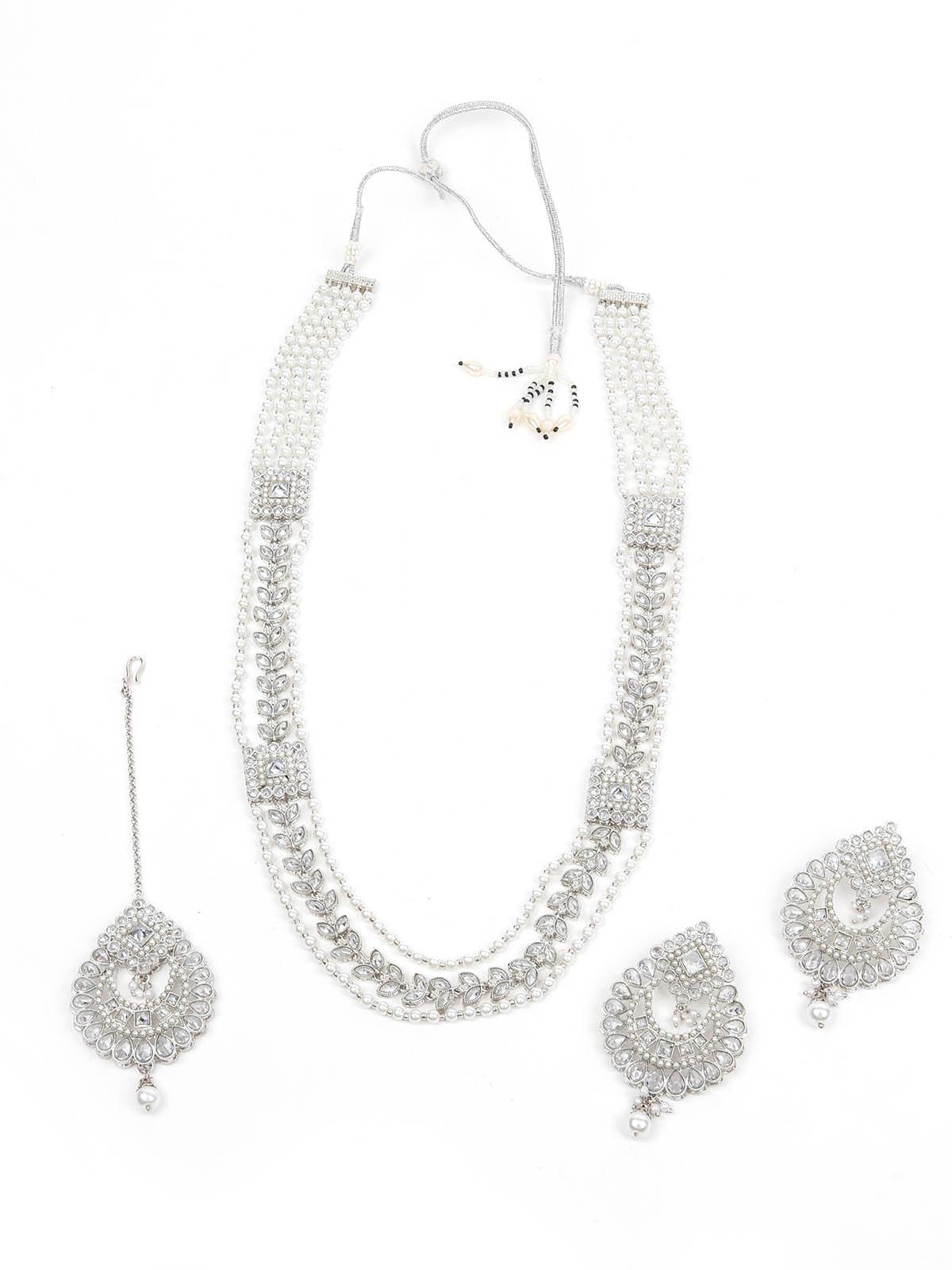 Women's White Long Necklace With Maangtikka Set - Odette