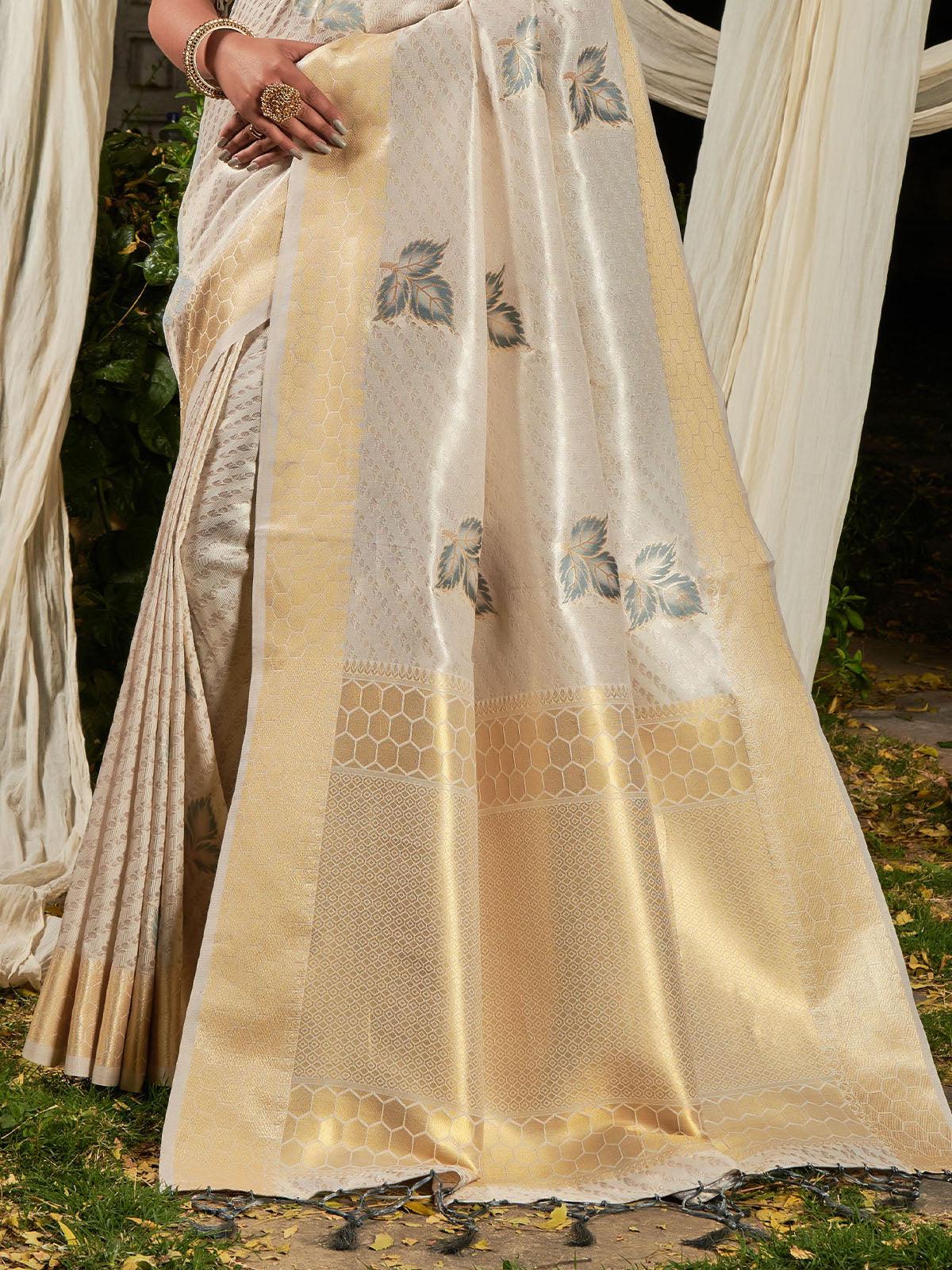 Women's White Premium Linen Silk Leheriya Saree - Odette