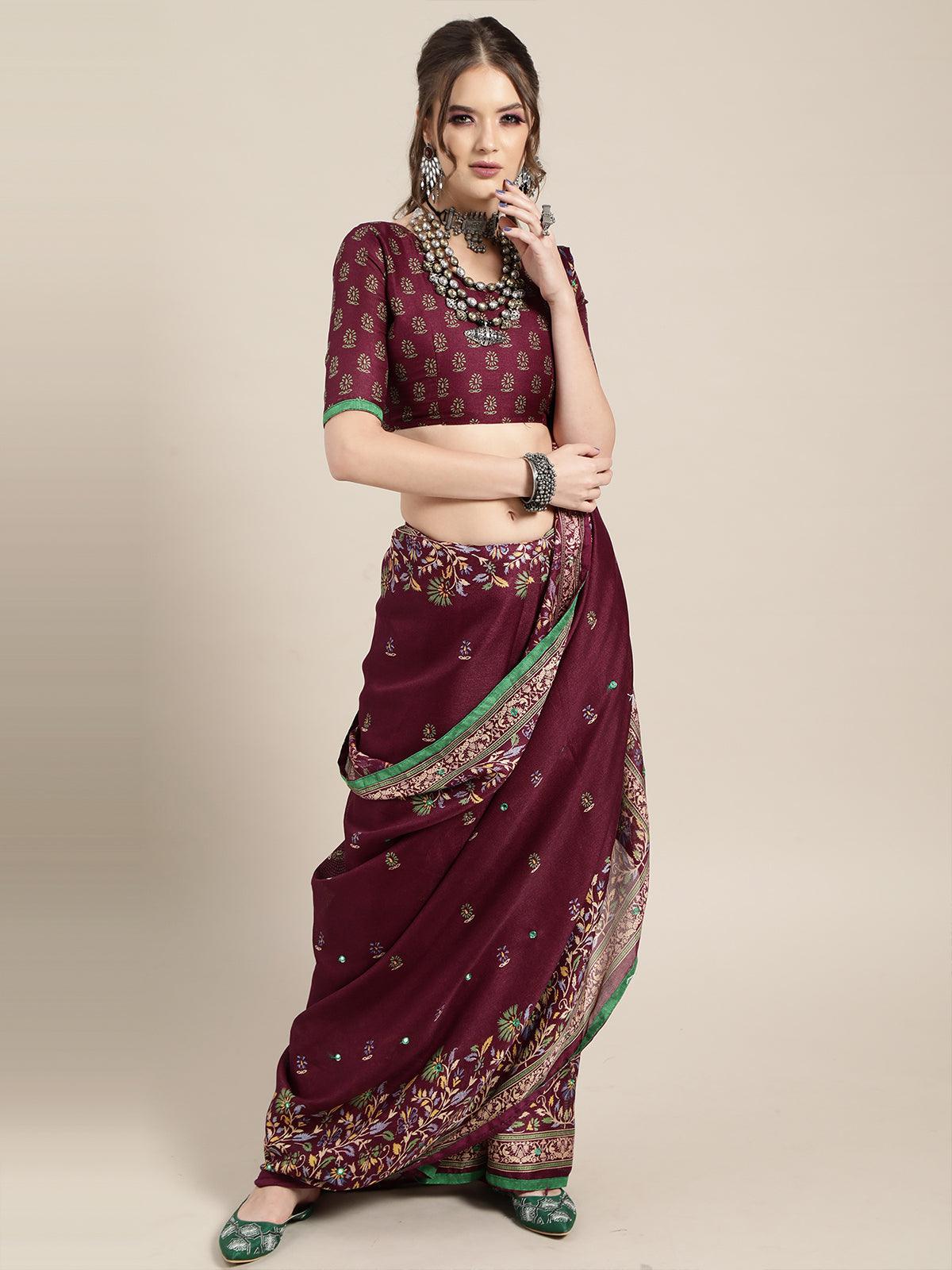 Women's Wine Casual Jute Silk Printed Saree With Unstitched Blouse - Odette