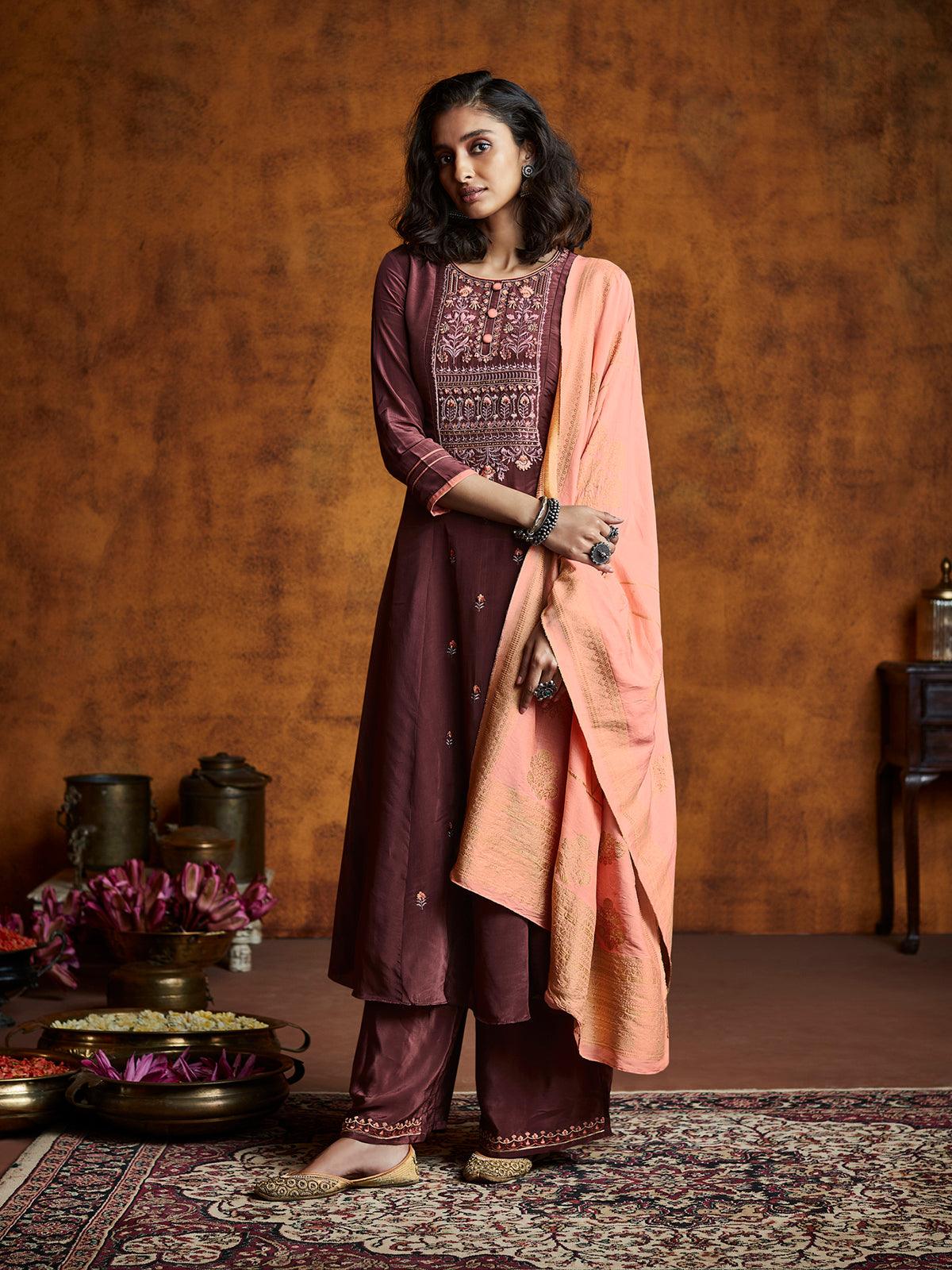 Women's Wine Color Fiyona Silk Designer Suit - Odette