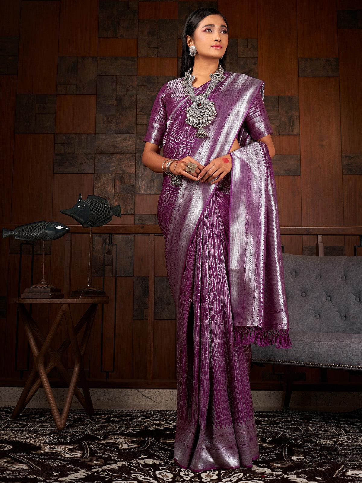Women's Wine Color Traditional Wear Raw Silk Saree - Odette
