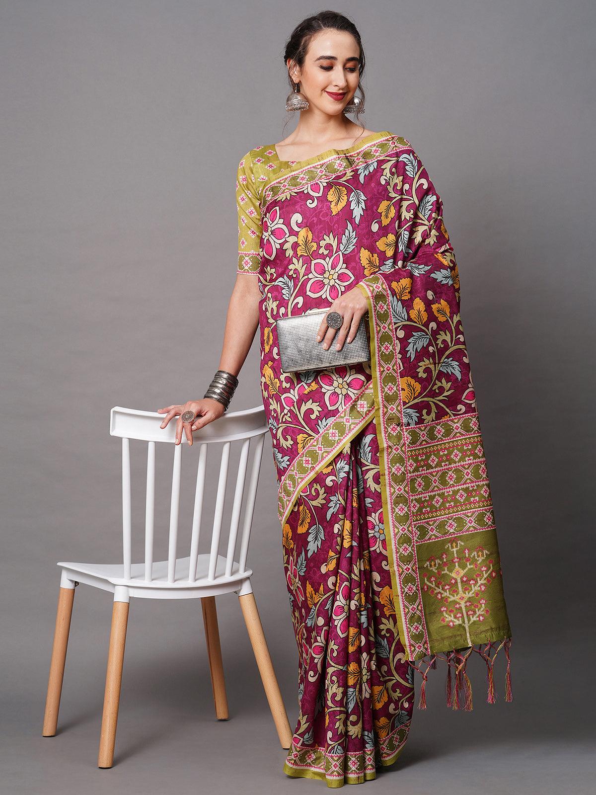 Women's Wine Festive Bhagalpuri Silk Printed Saree With Unstitched Blouse - Odette