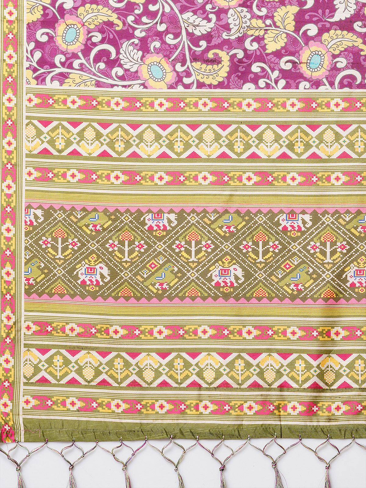 Women's Wine Festive Bhagalpuri Silk Printed Saree With Unstitched Blouse - Odette