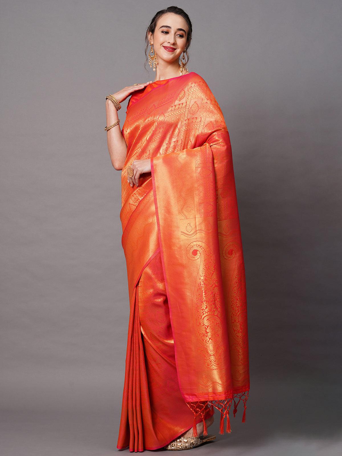 Women's Wine Festive Silk Blend Woven Design Saree With Unstitched Blouse - Odette