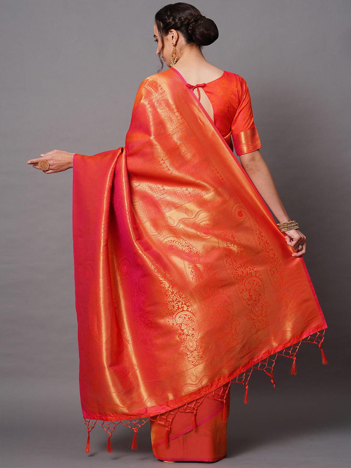 Women's Wine Festive Silk Blend Woven Design Saree With Unstitched Blouse - Odette