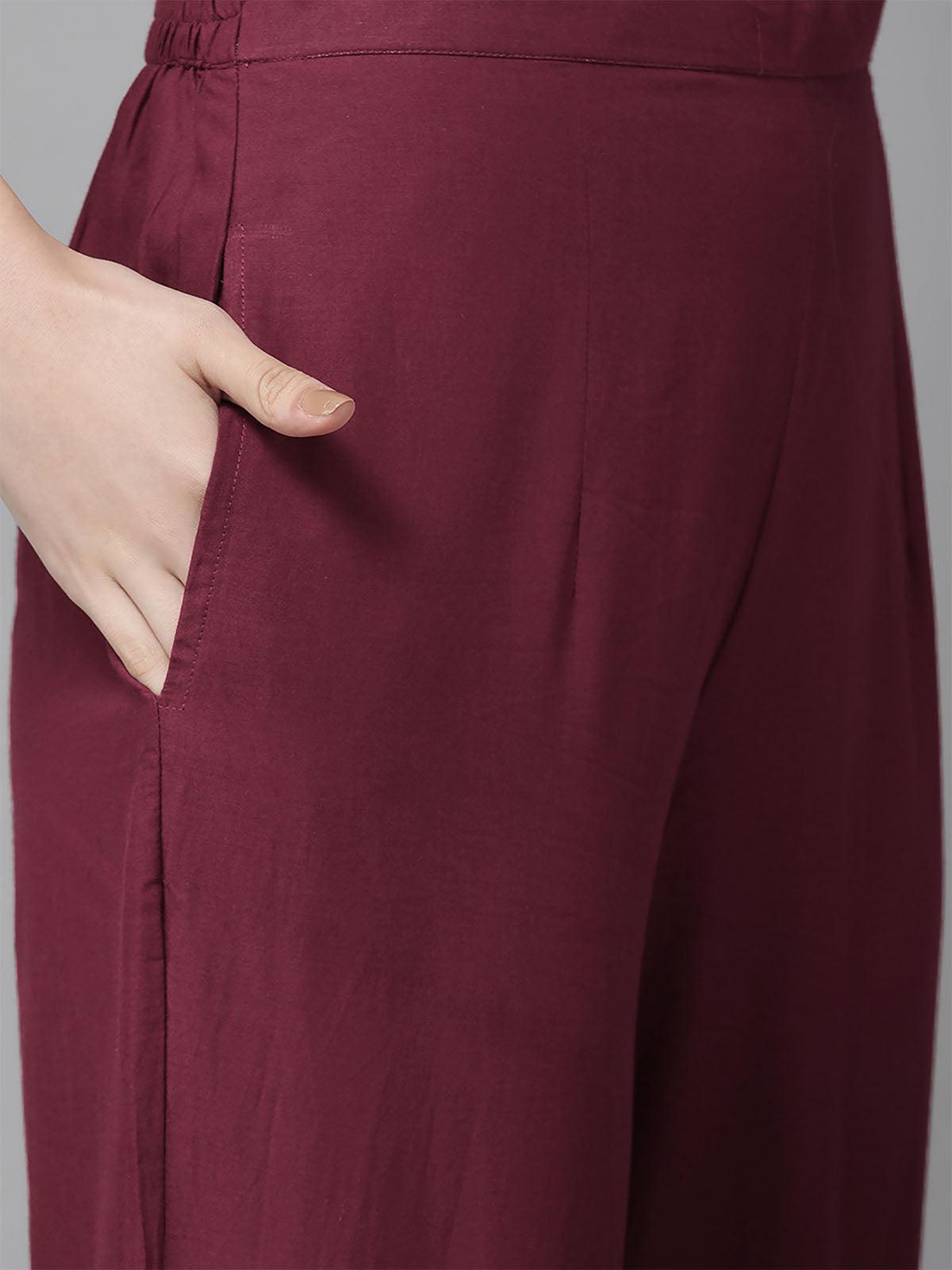 Women's Wine Foil Printed Straight Kurta Trouser With Dupatta Set - Odette