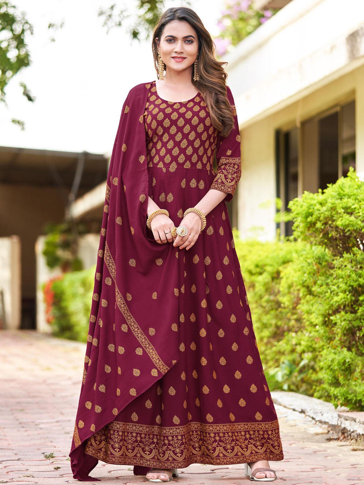 Women's Wine Gorgeous Long Gown With Dupatta - Odette