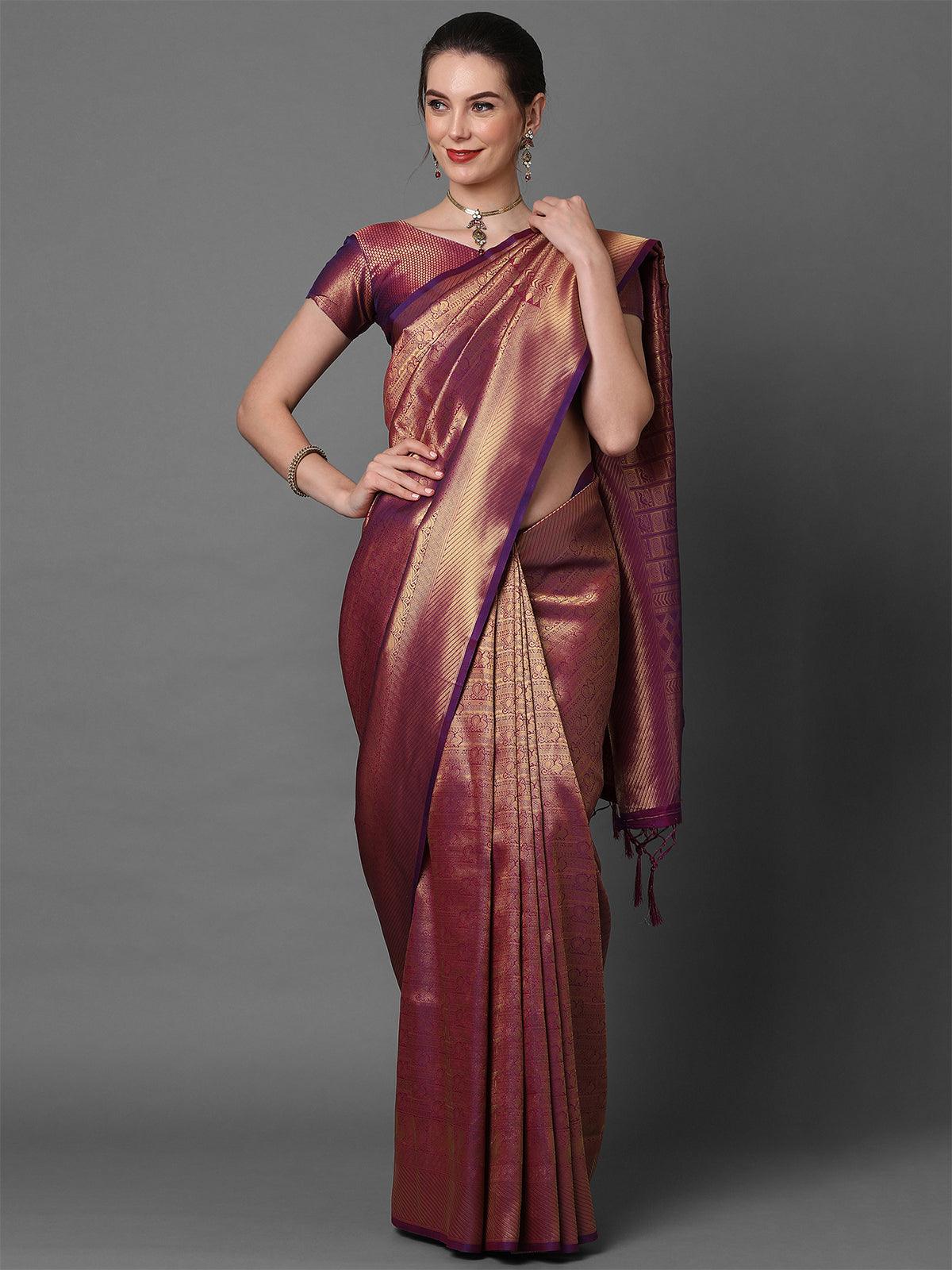 Women's Wine Party Wear Kanjivaram Silk Woven Design Saree With Unstitched Blouse - Odette