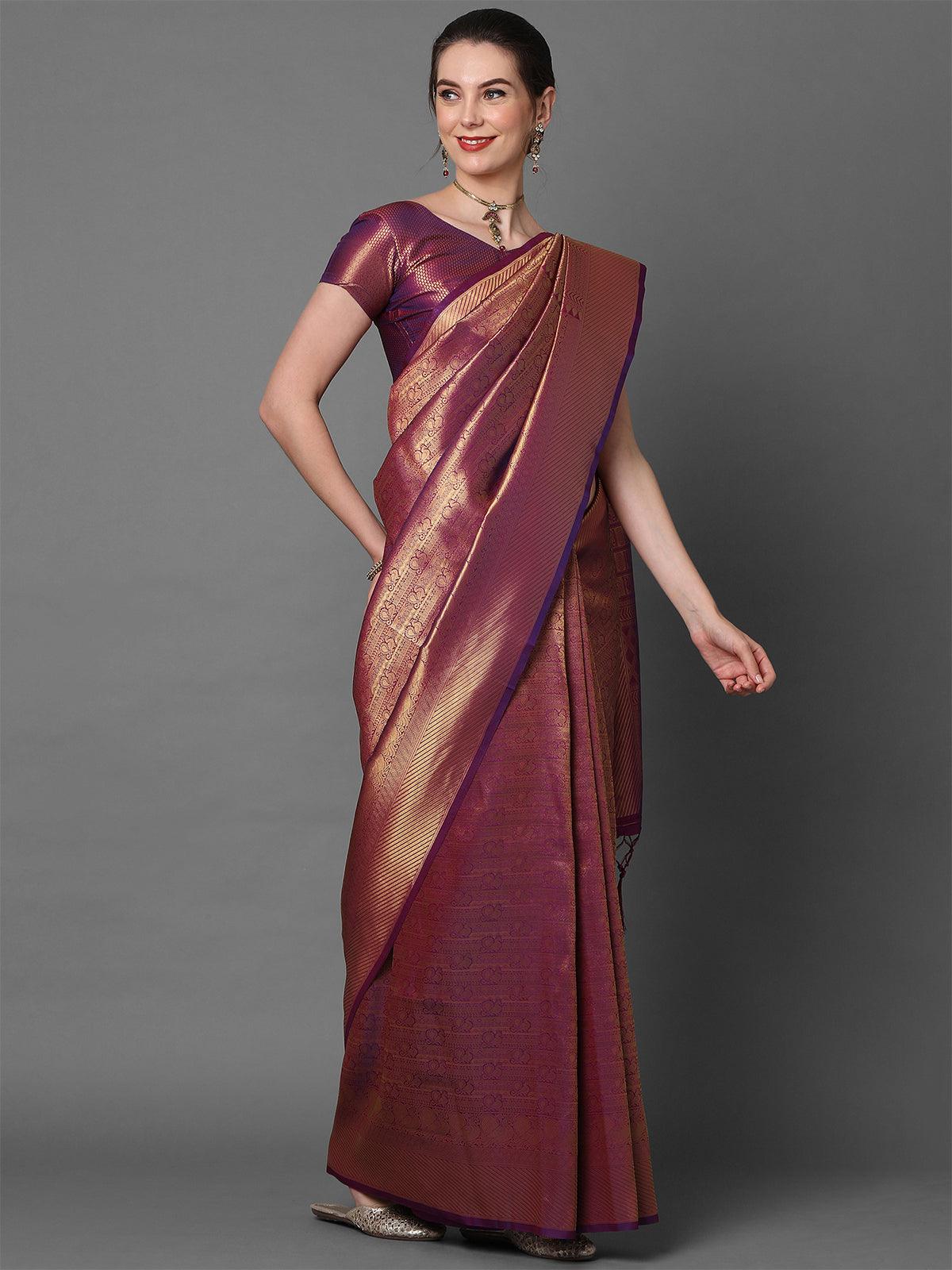 Women's Wine Party Wear Kanjivaram Silk Woven Design Saree With Unstitched Blouse - Odette