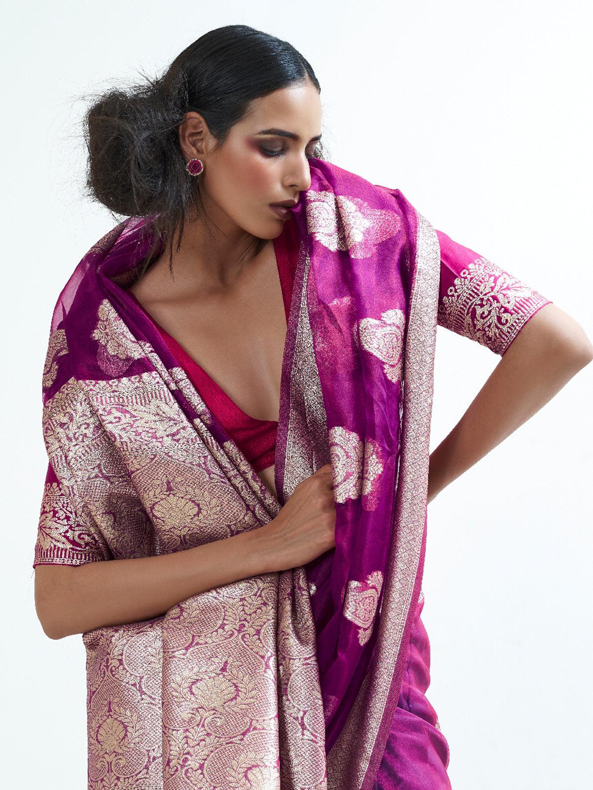Women's Wine Party Wear Organza Woven Design Saree With Unstitched Blouse - Odette