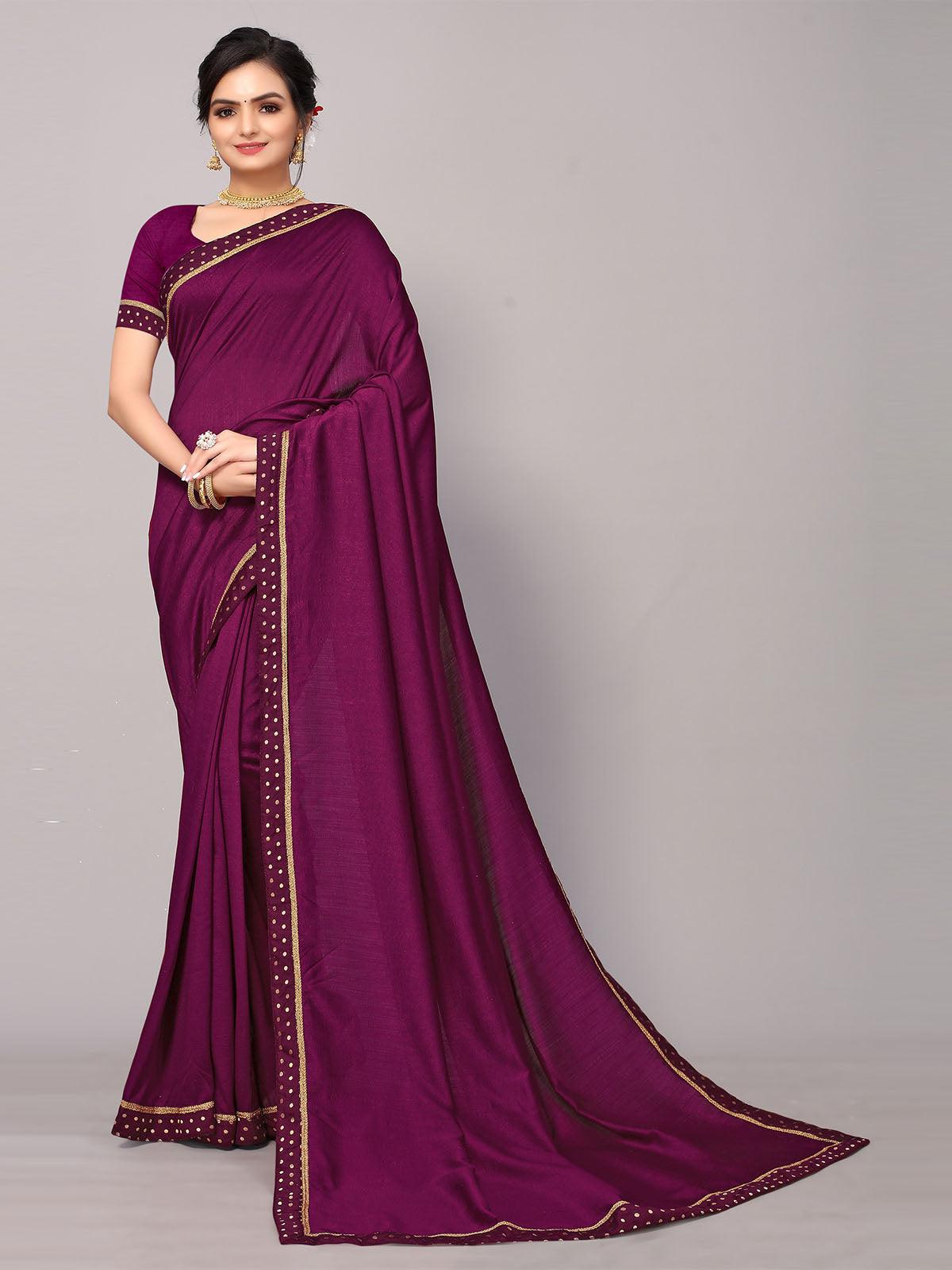 Women's Wine Poly Silk Embellished Border Work Saree With Blouse - Odette