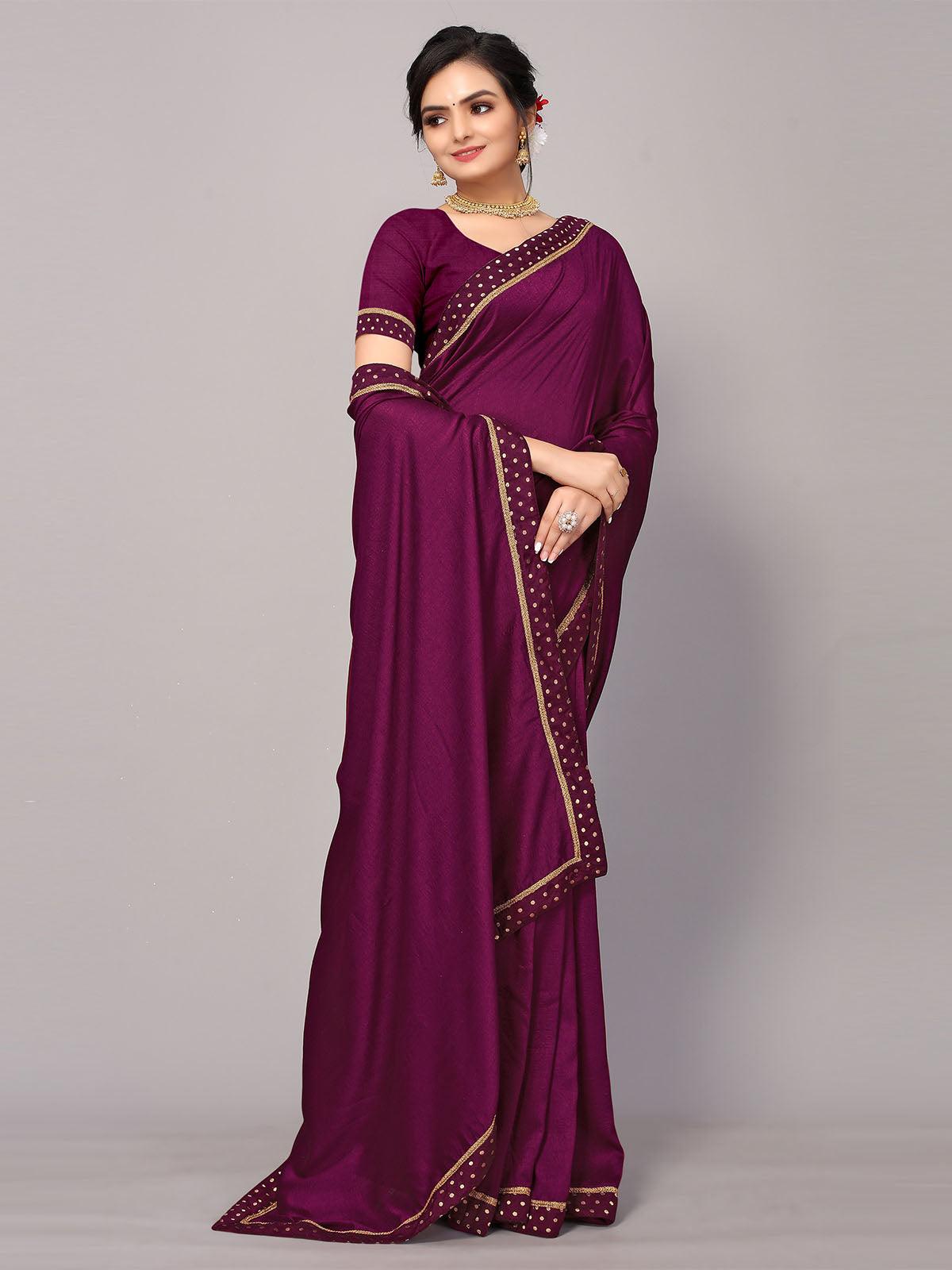Women's Wine Poly Silk Embellished Border Work Saree With Blouse - Odette