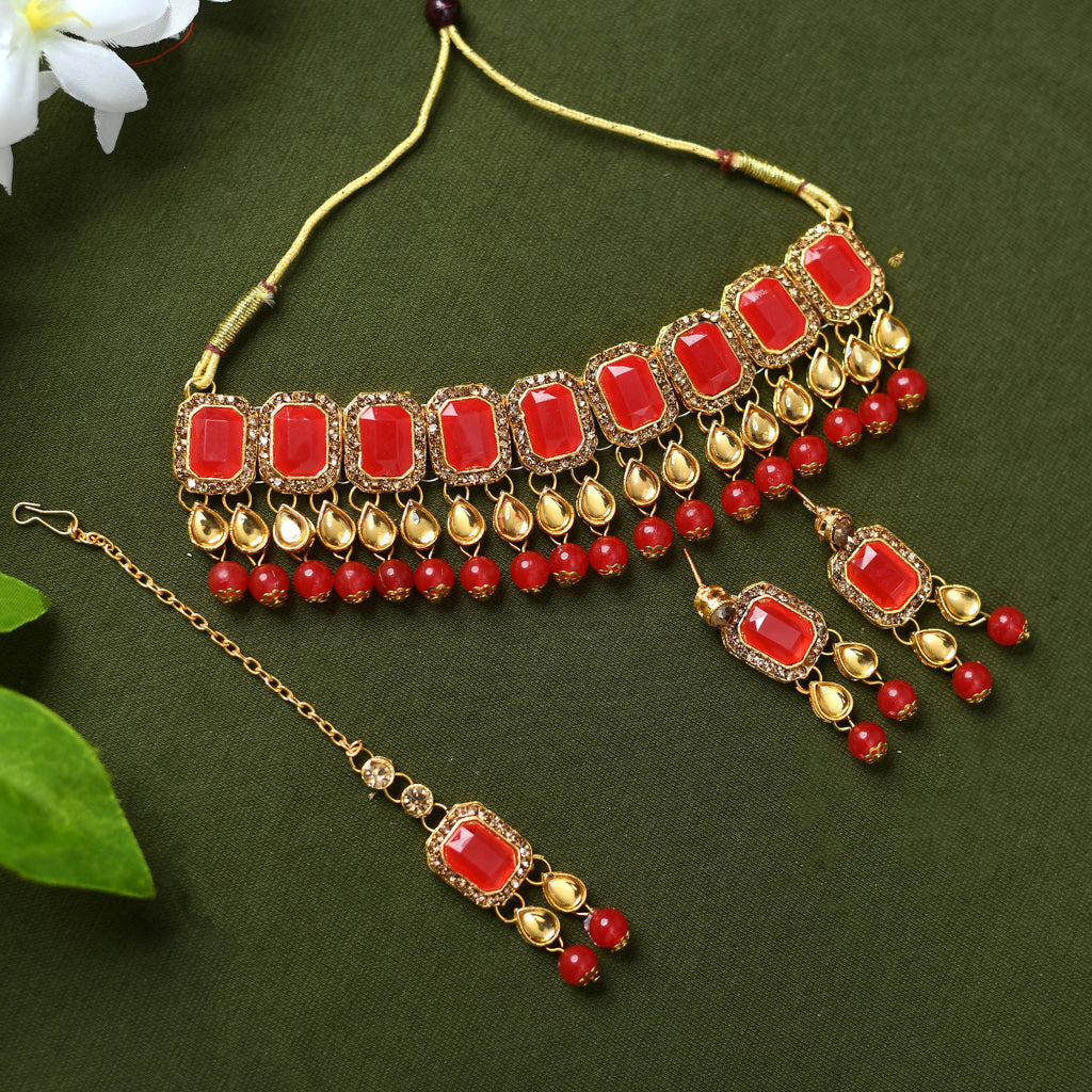Kamal Johar Gold-Plated Red Color Stone & Pearls Necklace with Earrings ,