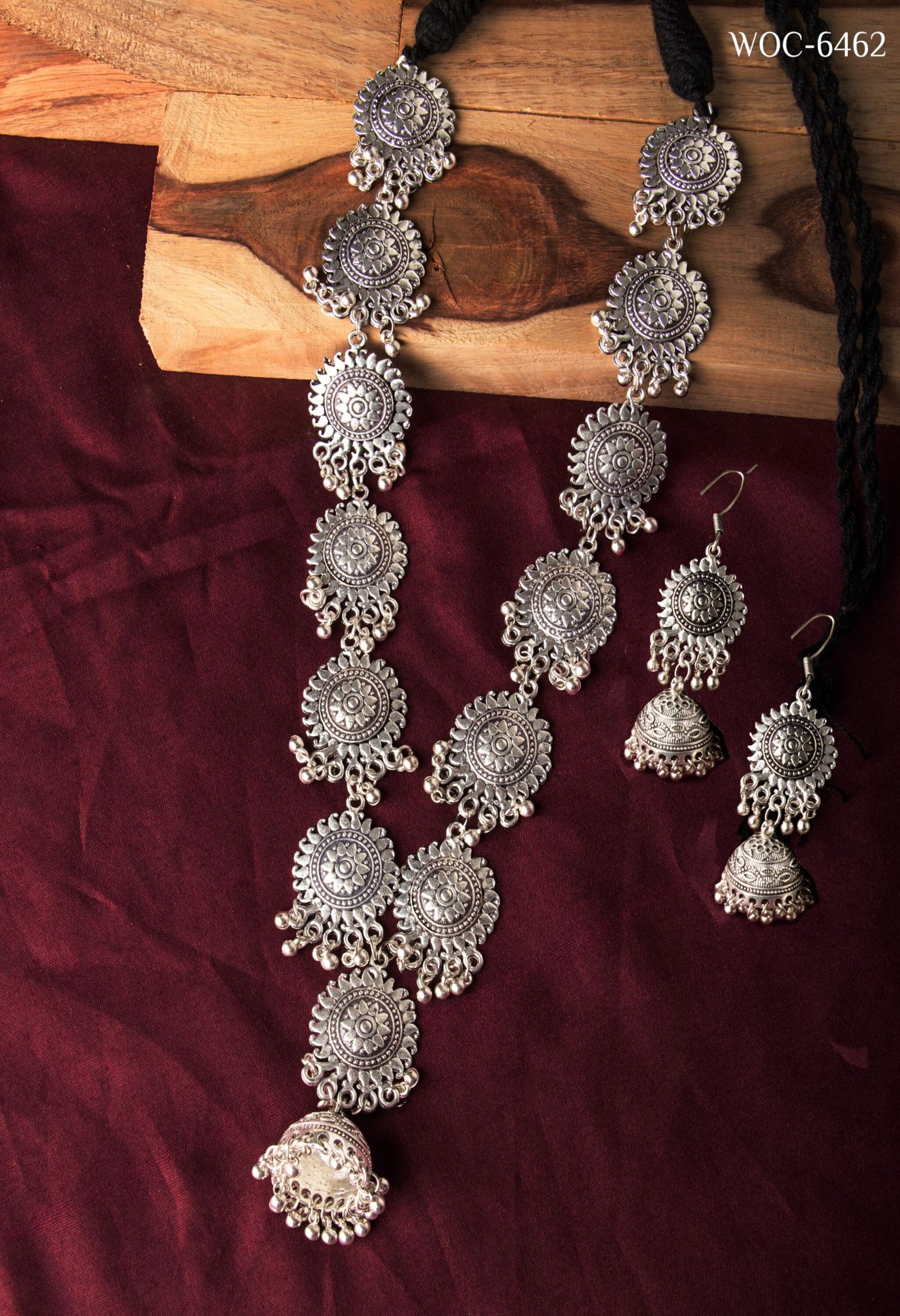 Women's Oxidised Silver Long Necklace Set - Kamal Johar