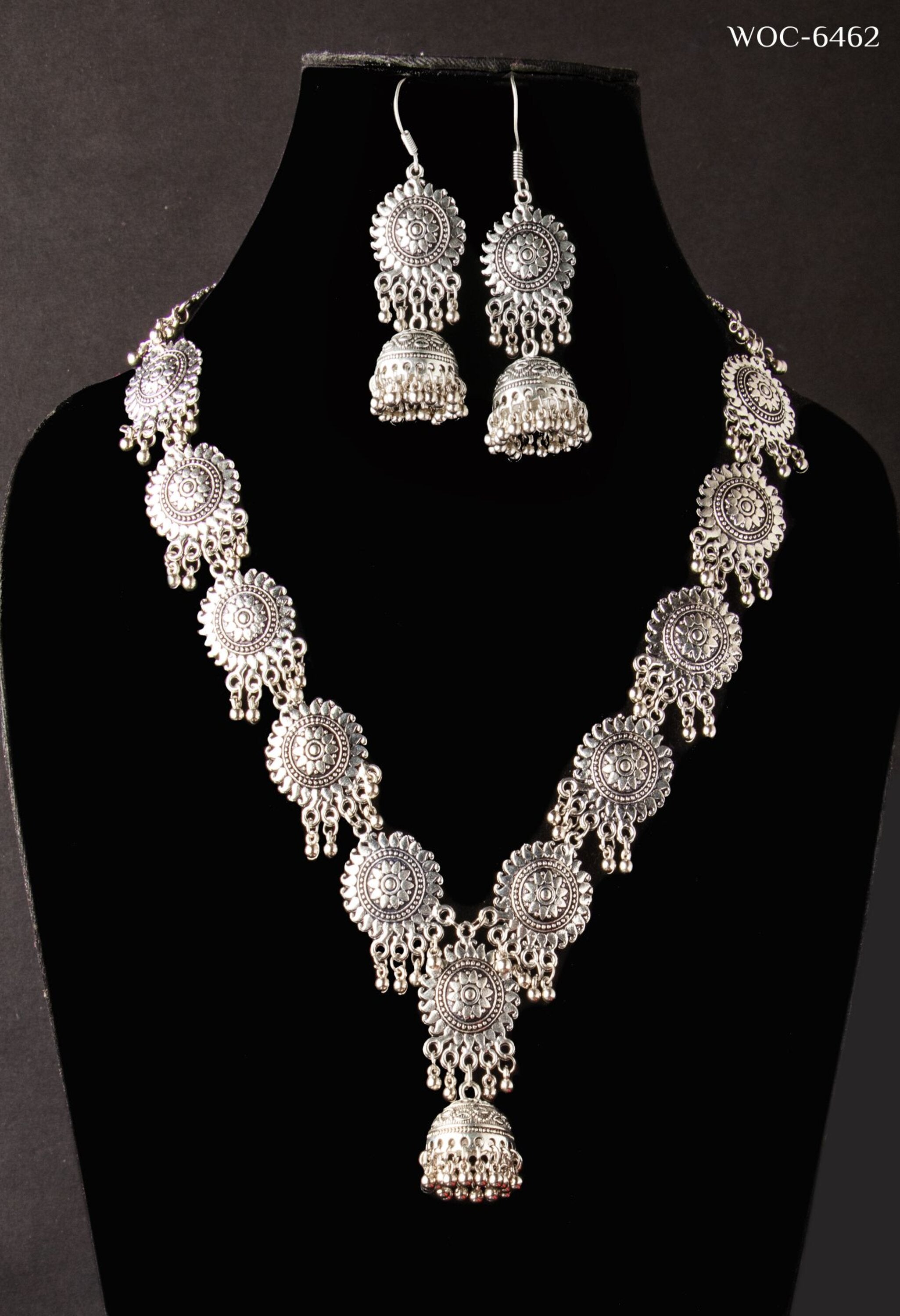 Women's Oxidised Silver Long Necklace Set - Kamal Johar
