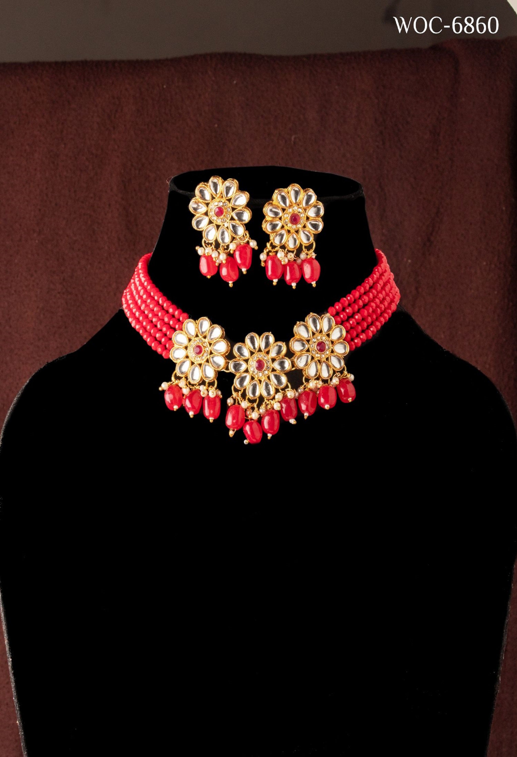 Women's Women's Red Beads Pearls Gold-Plated JewellerySet - Kamal Johar