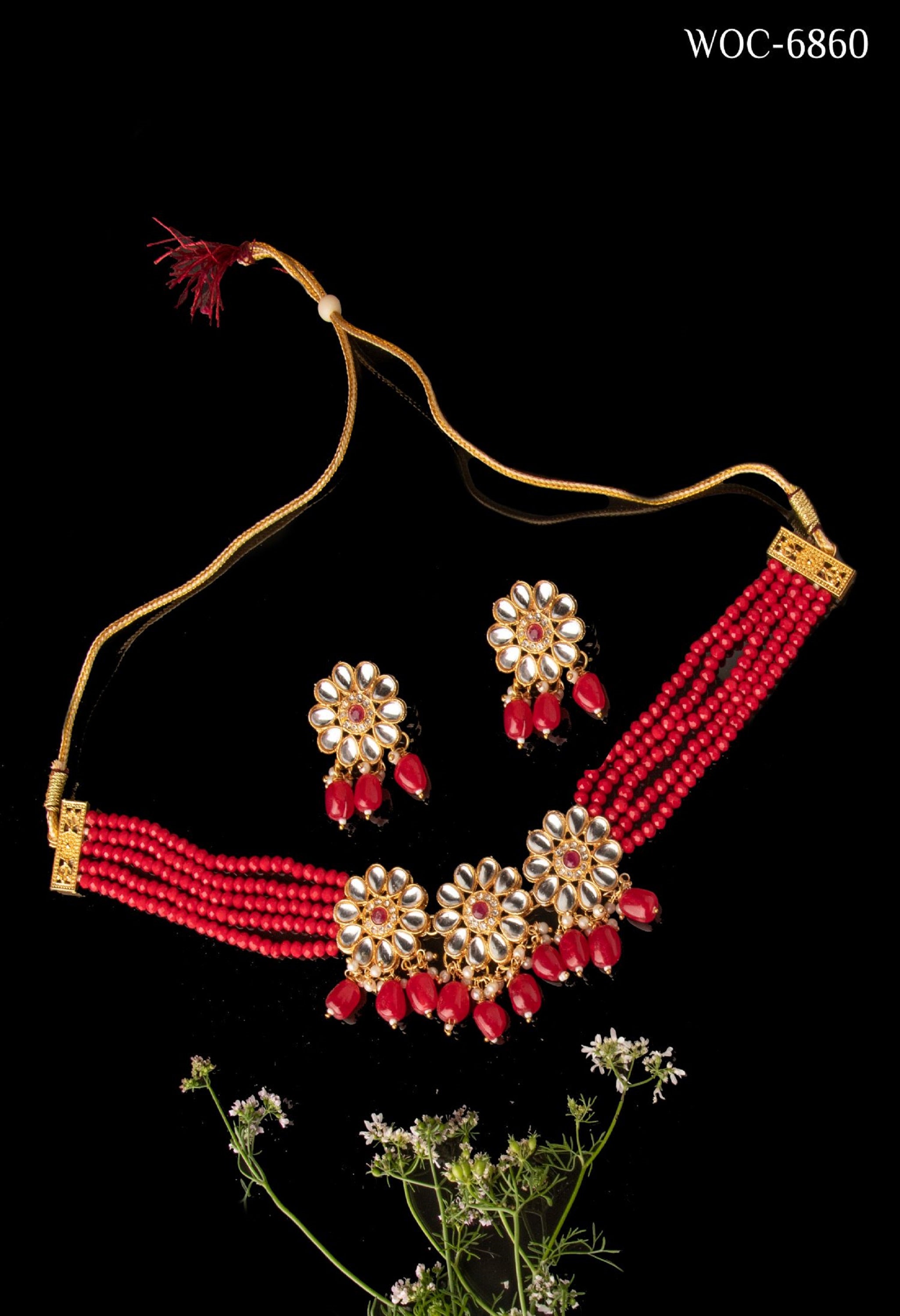 Women's Women's Red Beads Pearls Gold-Plated JewellerySet - Kamal Johar