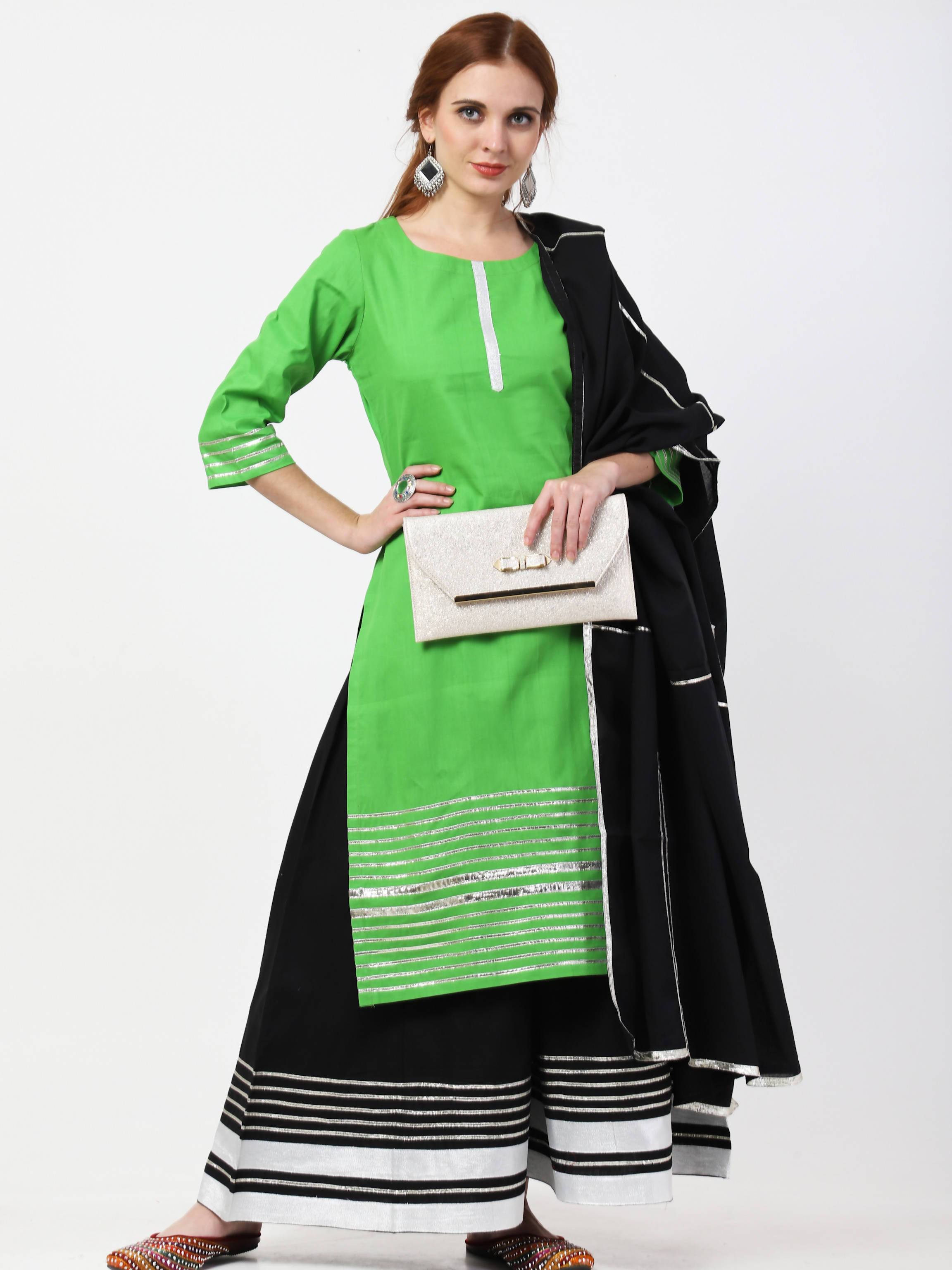 Women's Green & Black Cotton Kurta Sharara Dupatta Set - Cheera