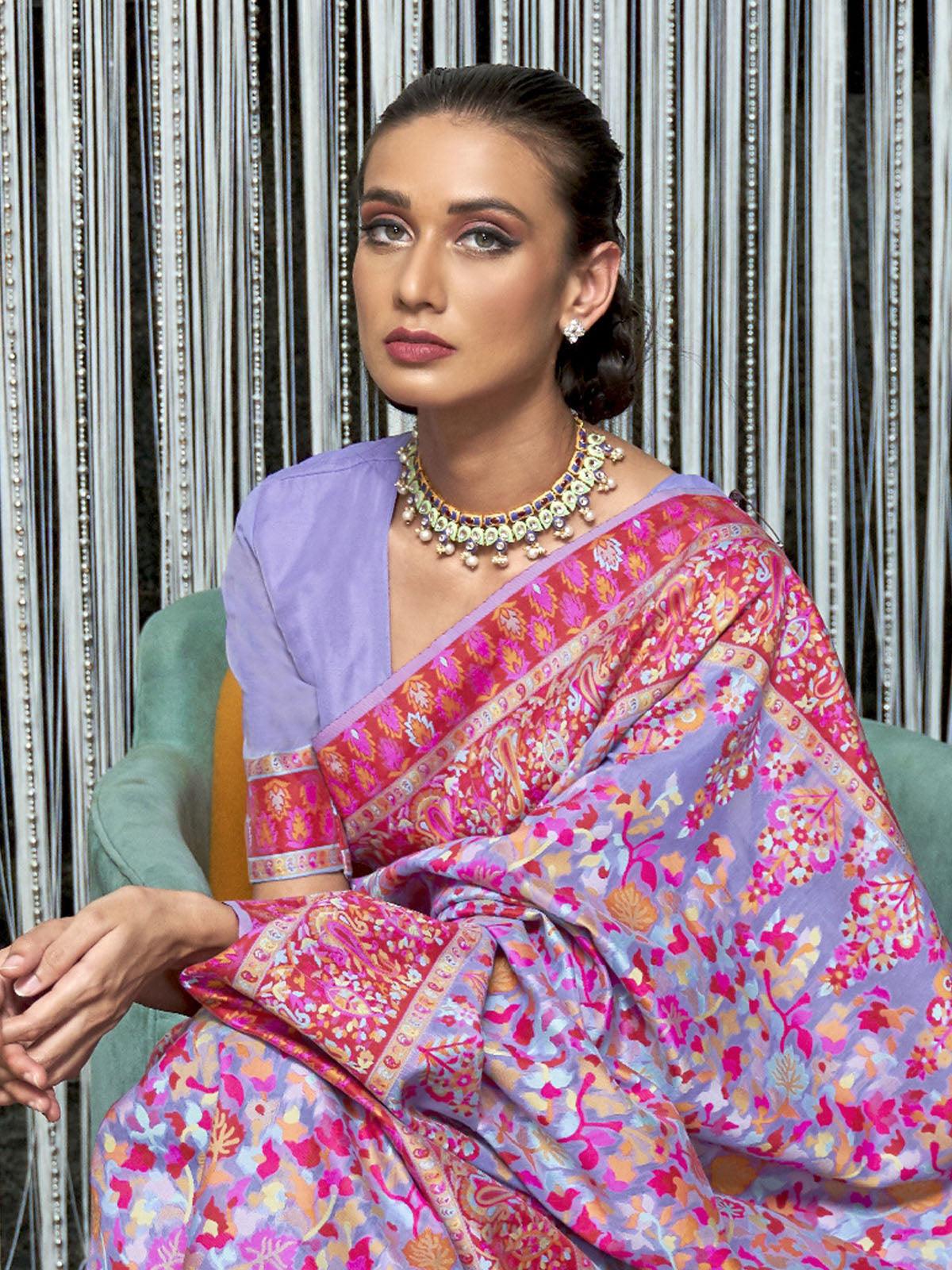 Women's Cotton Blend Lavendar Floral Handloom Saree With Blouse Piece - Odette
