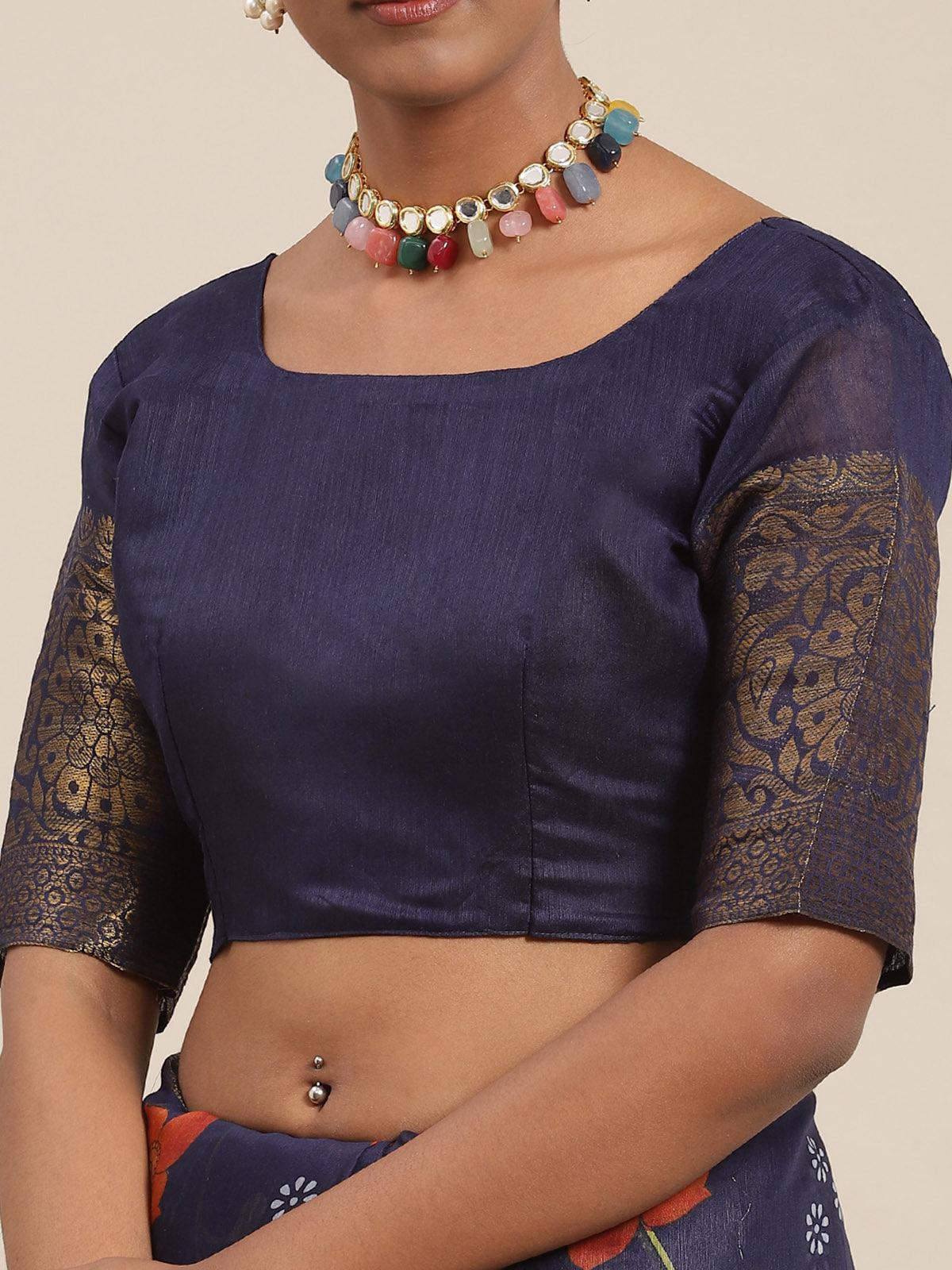 Women's Cotton Blend Navy Blue Printed Designer Saree With Blouse Piece - Odette