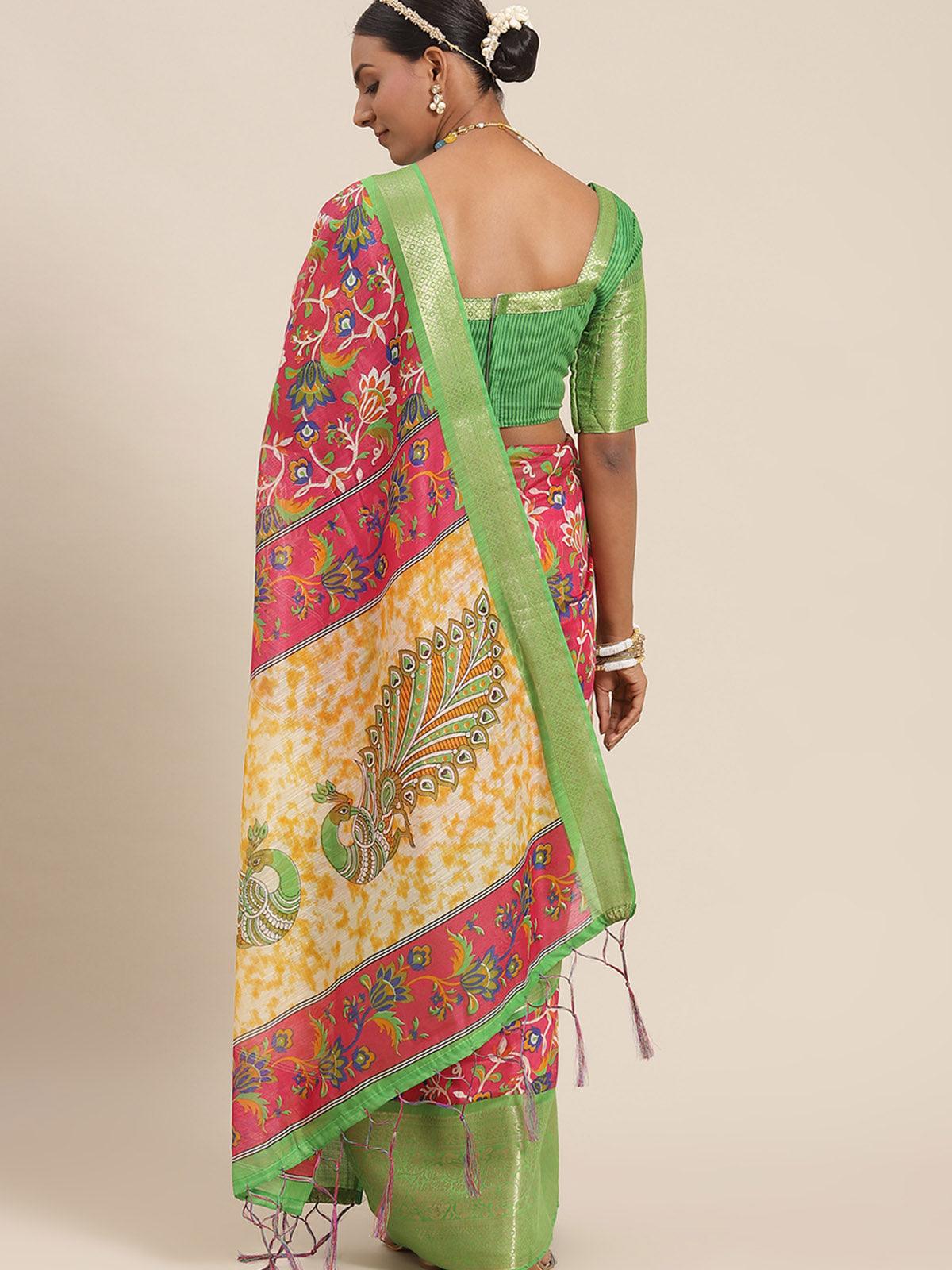 Women's Cotton Blend Pink Printed Designer Saree With Blouse Piece - Odette