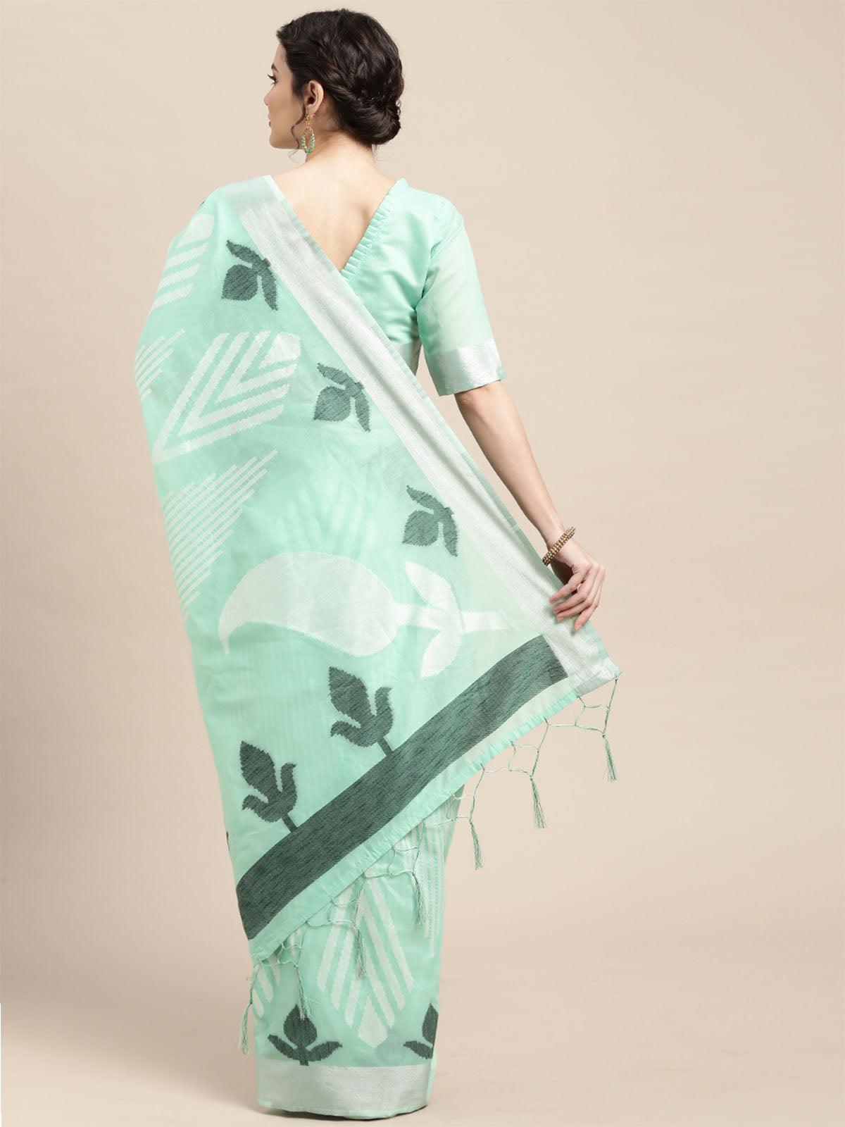Women's Cotton Blend Sea Green Woven Design Handloom Saree With Blouse Piece - Odette