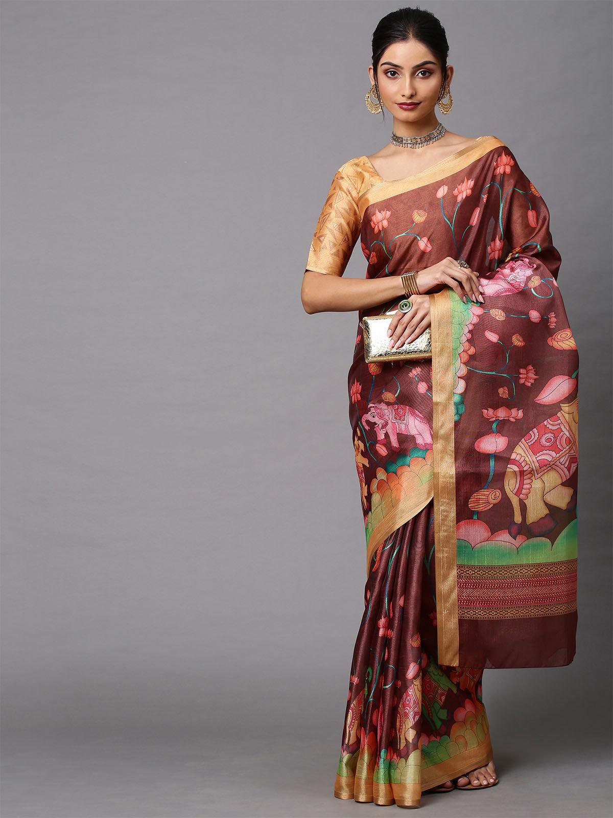 Women's Cotton Linen Brown Printed Celebrity Saree With Blouse Piece - Odette
