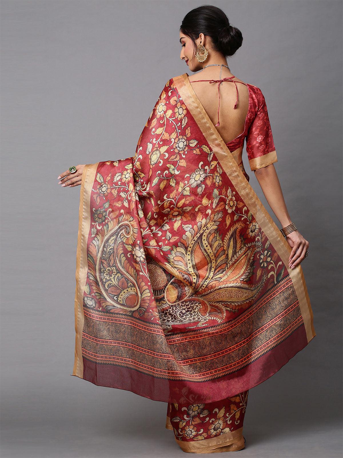 Women's Cotton Linen Maroon Printed Celebrity Saree With Blouse Piece - Odette