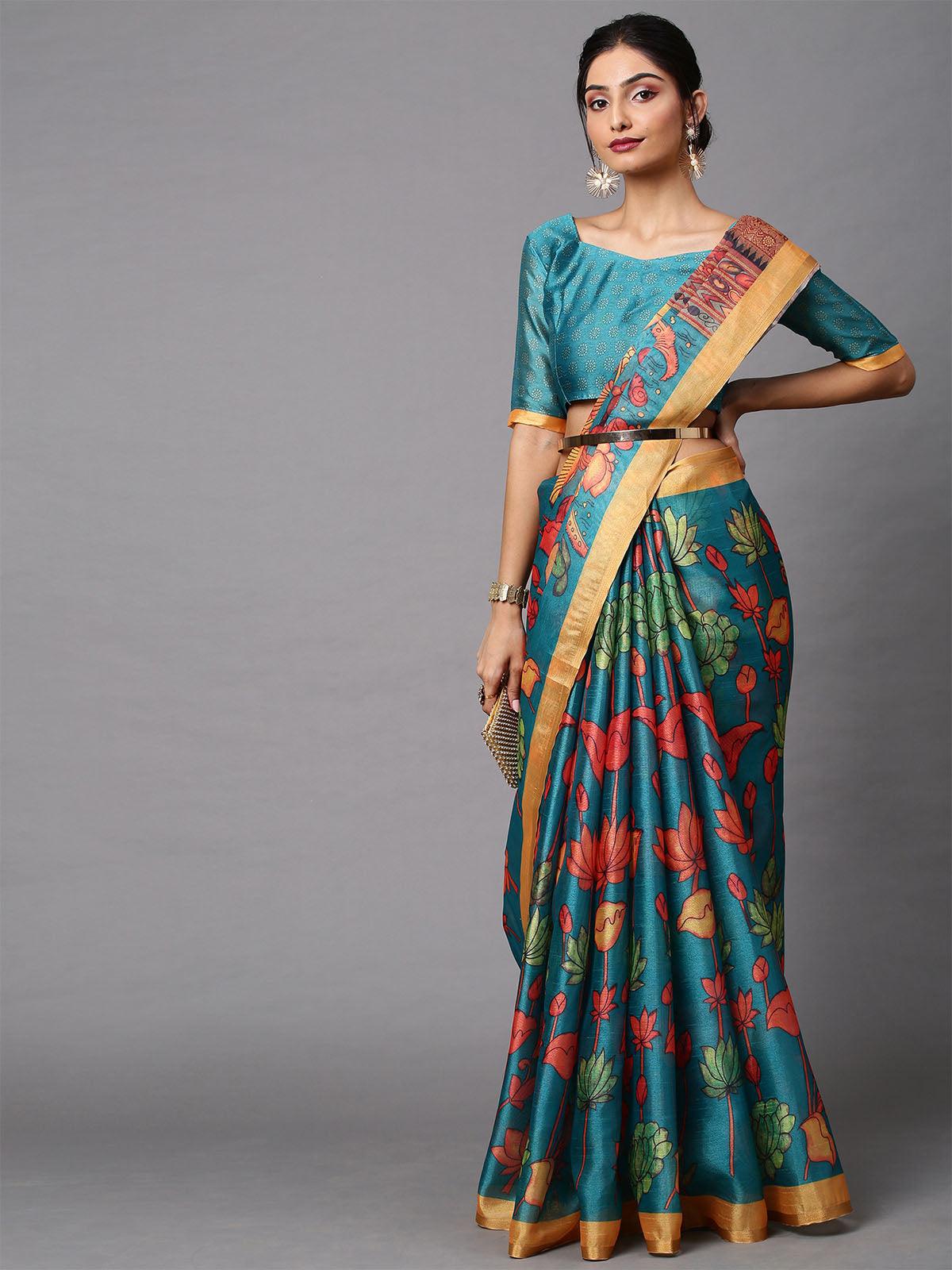 Women's Cotton Linen Teal Blue Printed Celebrity Saree With Blouse Piece - Odette