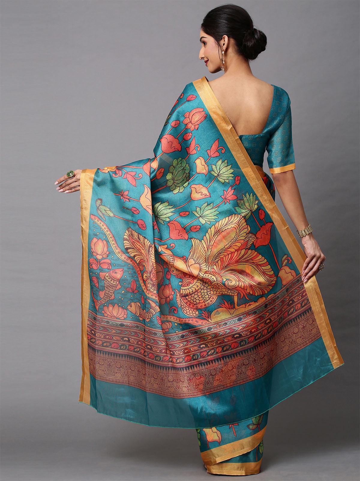 Women's Cotton Linen Teal Blue Printed Celebrity Saree With Blouse Piece - Odette
