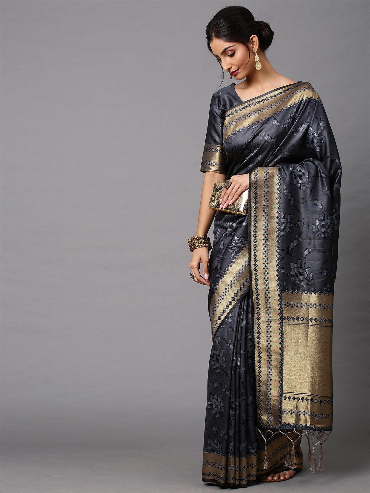 Women's Cotton Silk Charcoal Grey Printed Celebrity Saree With Blouse Piece - Odette