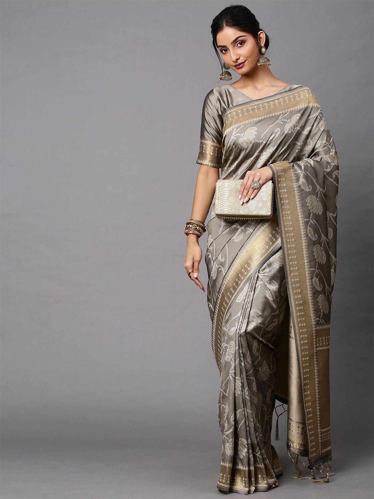 Women's Cotton Silk Grey Printed Celebrity Saree With Blouse Piece - Odette