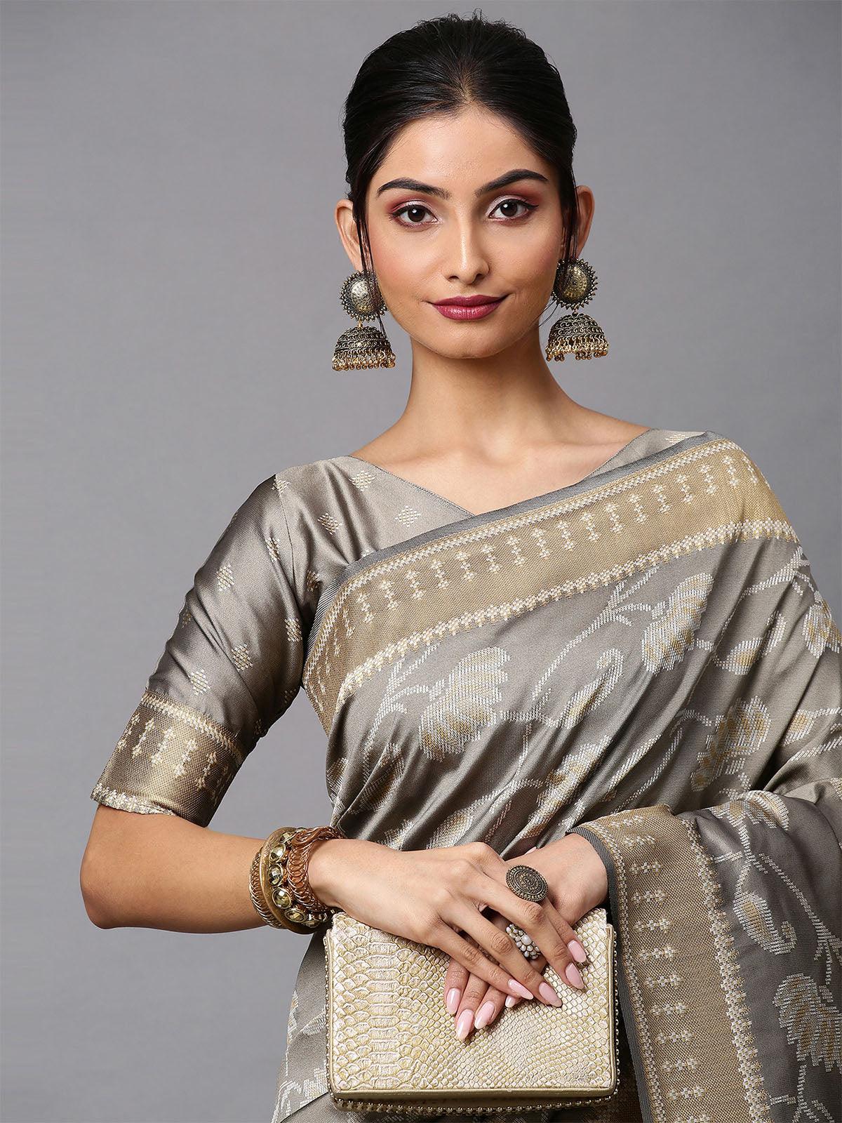 Women's Cotton Silk Grey Printed Celebrity Saree With Blouse Piece - Odette