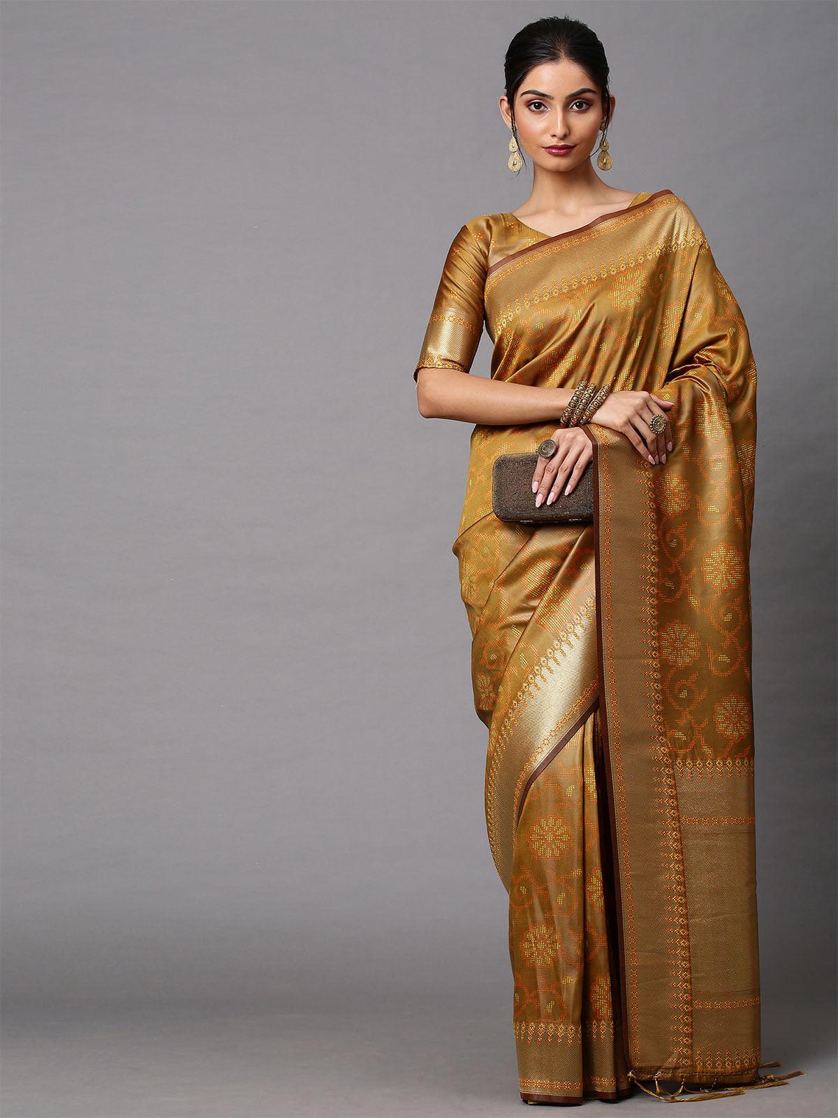 Women's Cotton Silk Mustard Printed Celebrity Saree With Blouse Piece - Odette