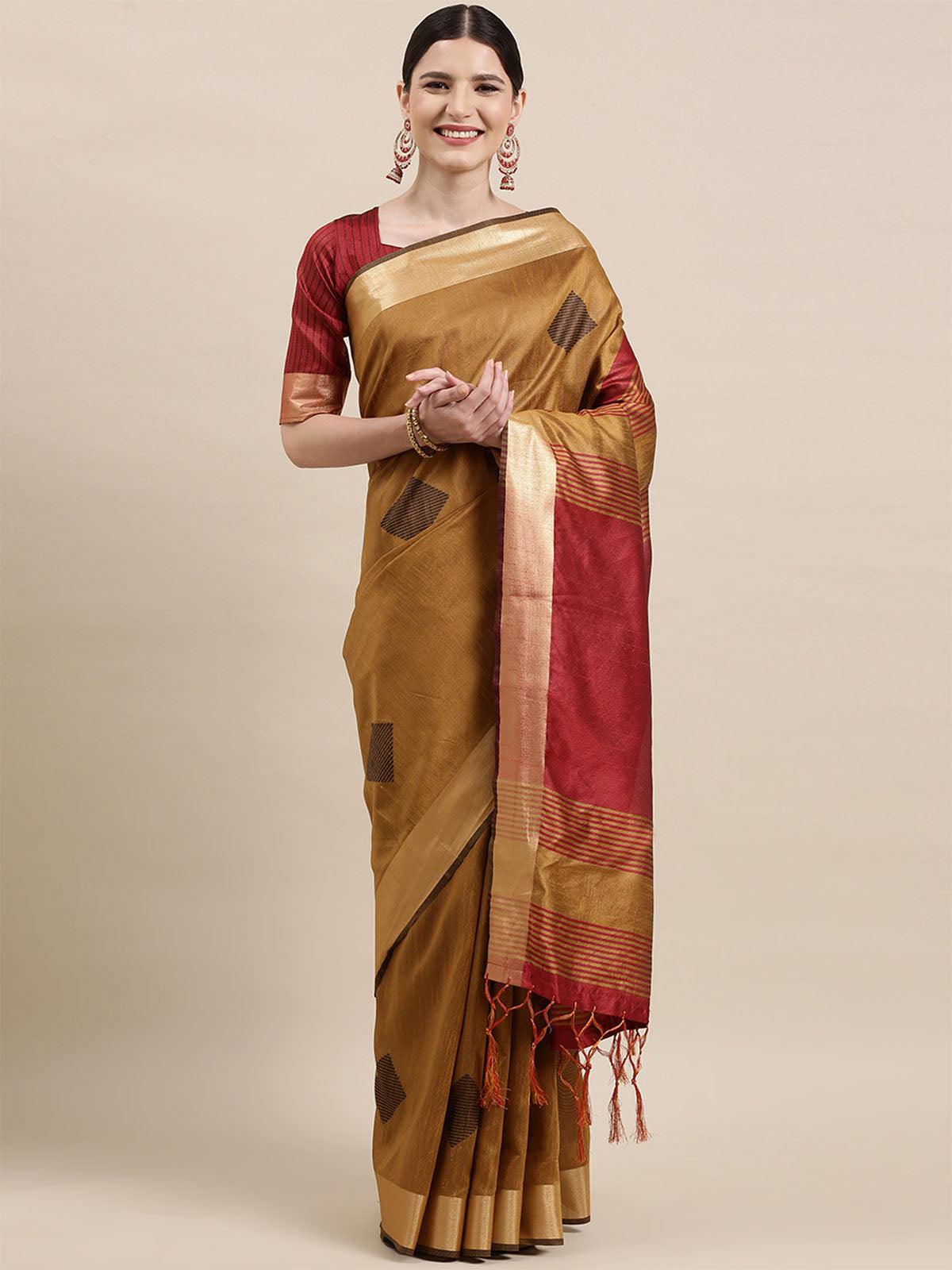 Women's Cotton Silk Mustard Woven Design Handloom Saree With Blouse Piece - Odette