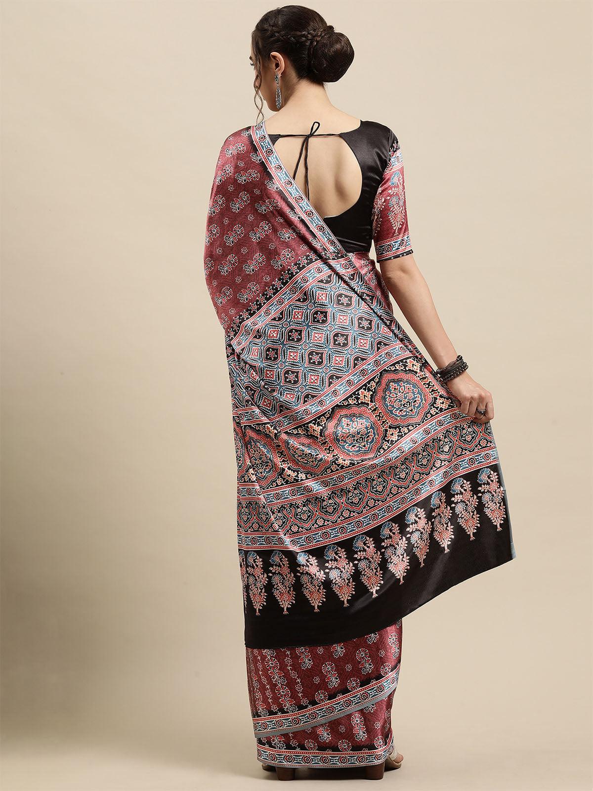 Women's Crepe Brown Printed Designer Saree With Blouse Piece - Odette