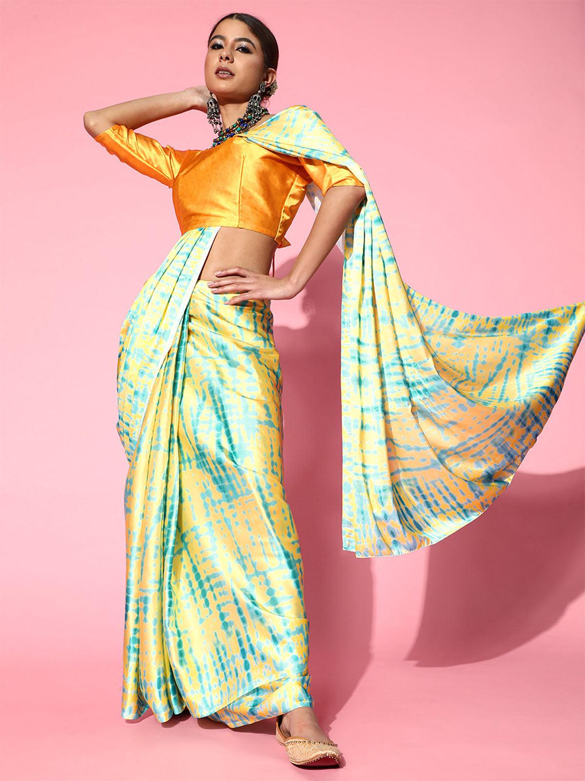 Women's Crepe Yellow Printed Celebrity Saree With Blouse Piece - Odette