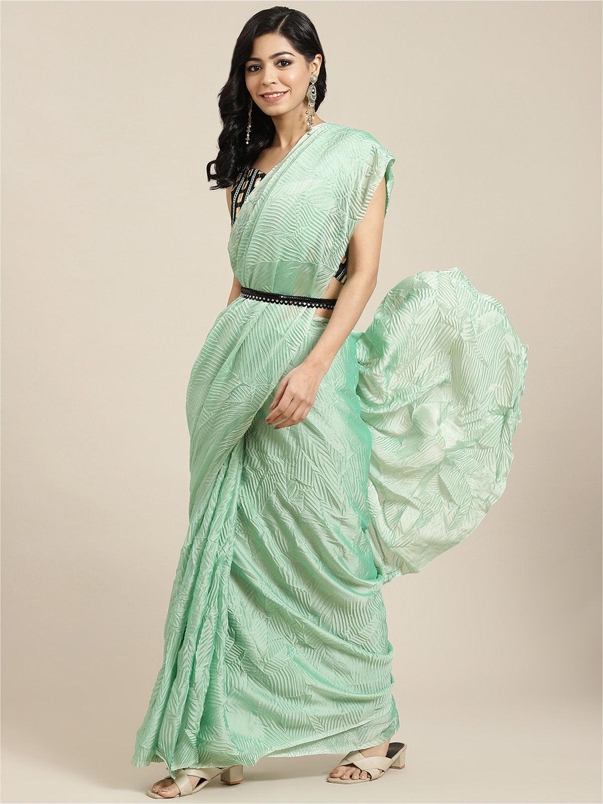 Women's Georgette Green Solid Belted Saree With Blouse Piece - Odette