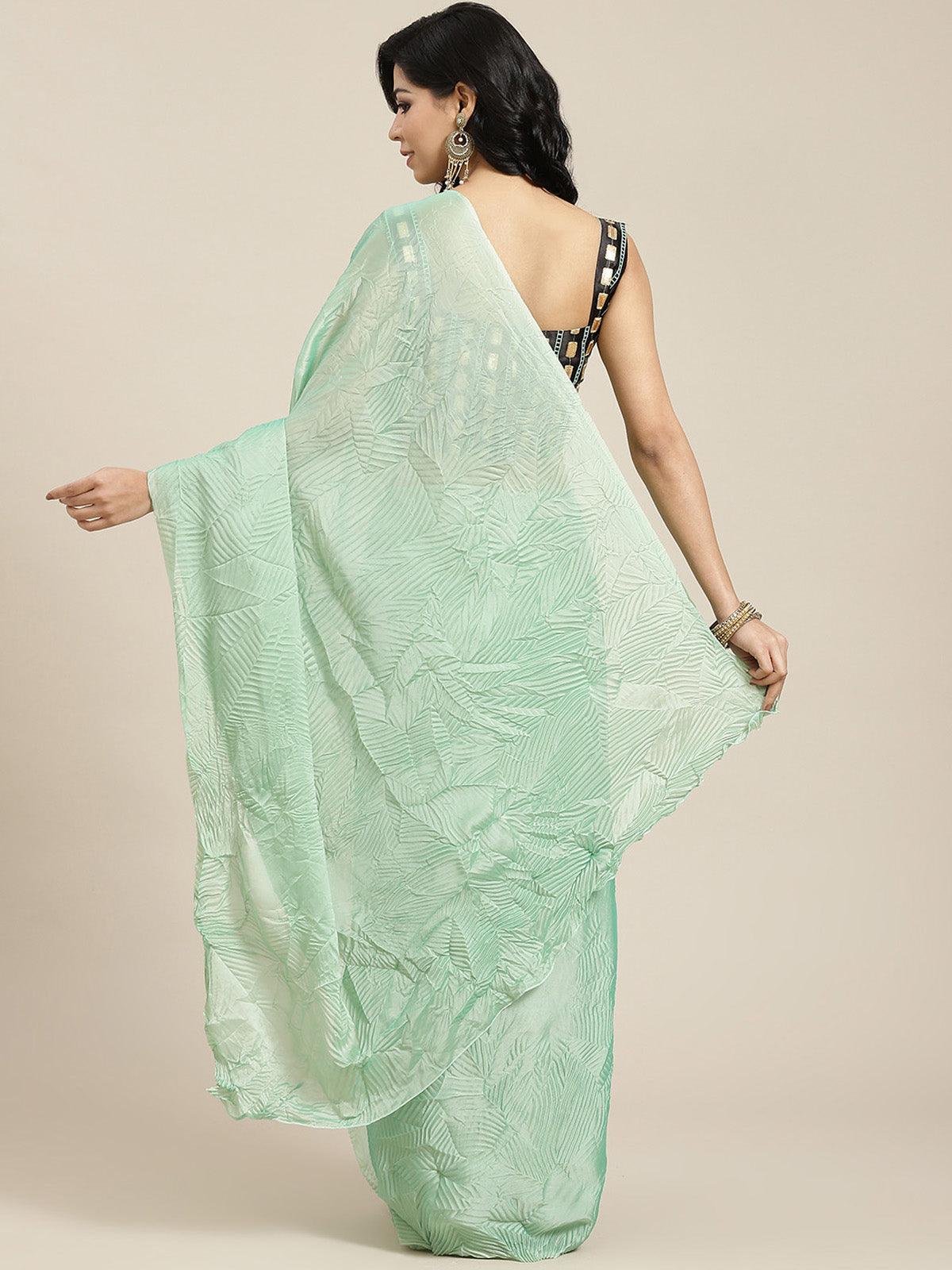 Women's Georgette Green Solid Belted Saree With Blouse Piece - Odette