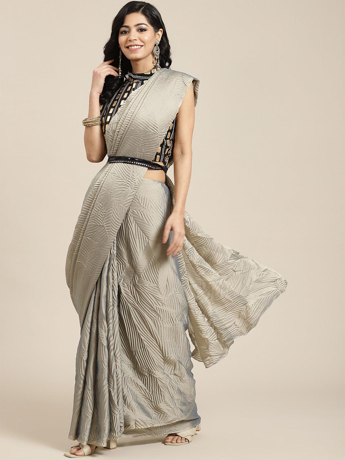 Women's Georgette Grey Solid Belted Saree With Blouse Piece - Odette