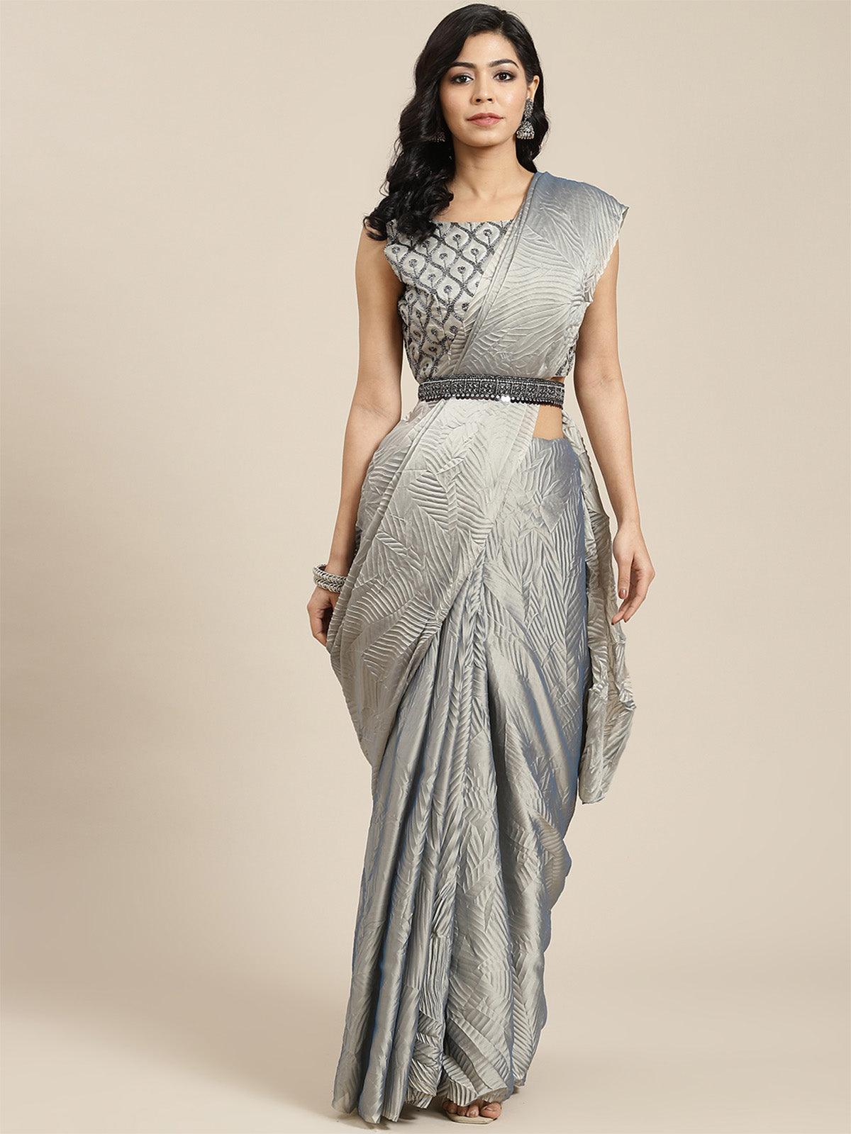 Women's Georgette Grey Solid Belted Saree With Blouse Piece - Odette