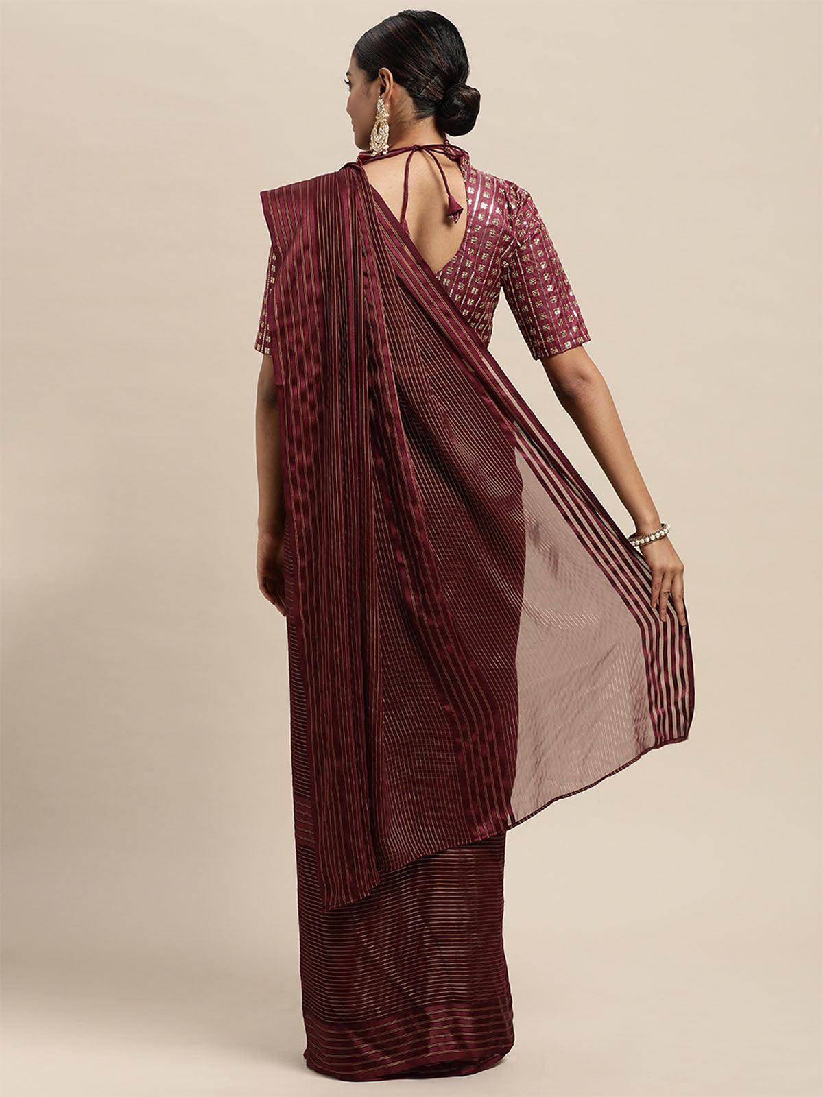 Women's Georgette Magenta Solid Belted Saree With Blouse Piece - Odette