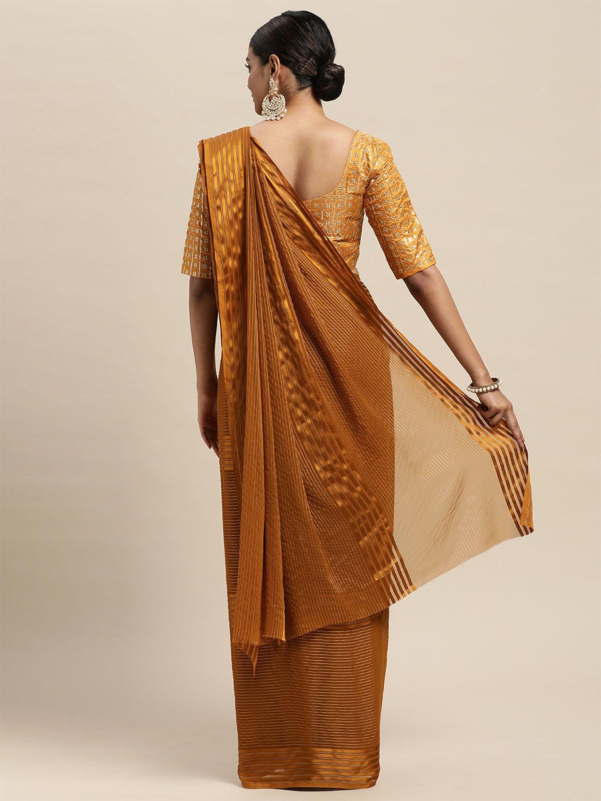 Women's Georgette Mustard Solid Belted Saree With Blouse Piece - Odette
