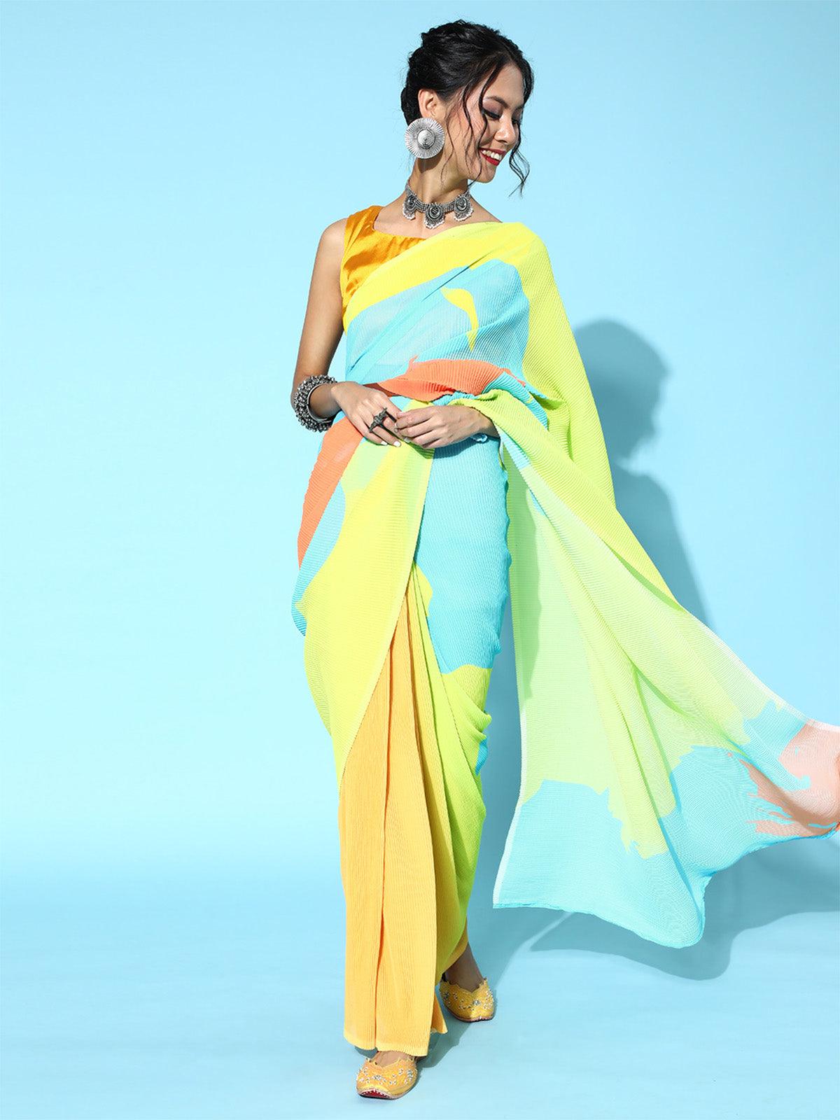 Women's Georgette Mustard Solid Designer Saree With Blouse Piece - Odette