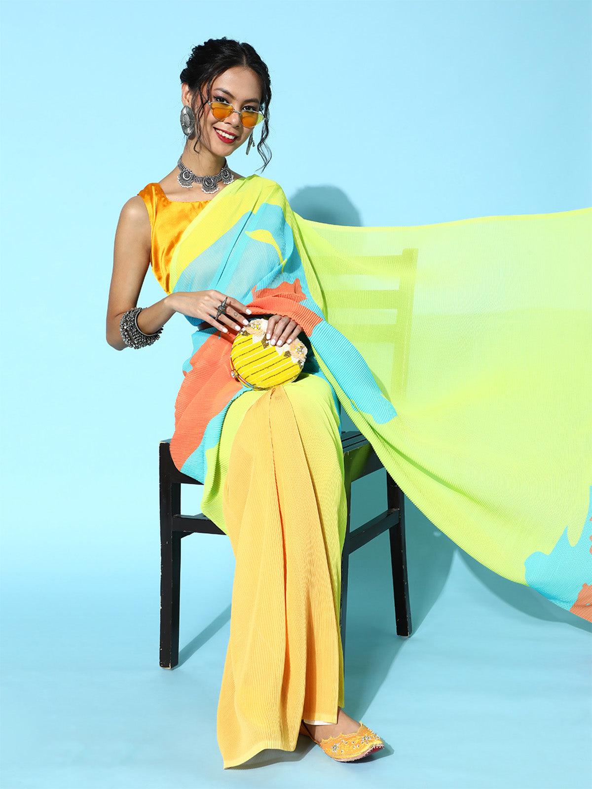 Women's Georgette Mustard Solid Designer Saree With Blouse Piece - Odette