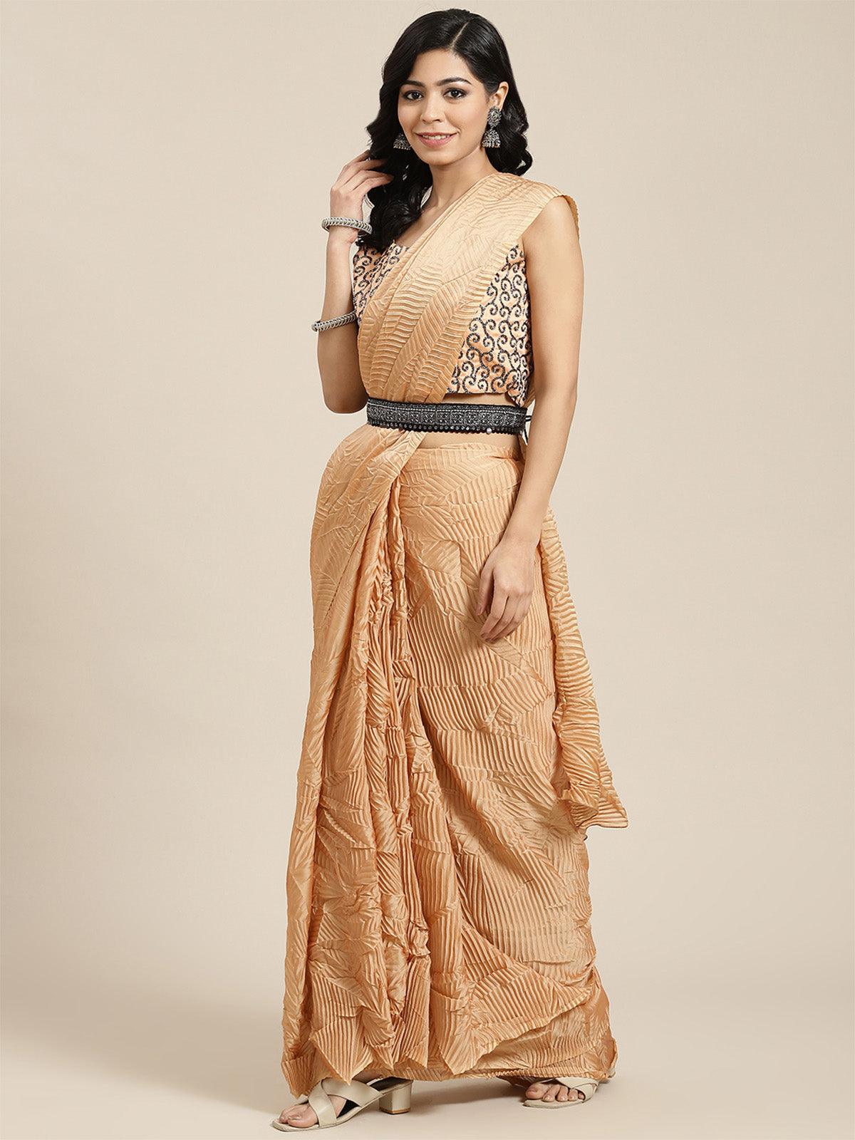Women's Georgette Peach Solid Belted Saree With Blouse Piece - Odette