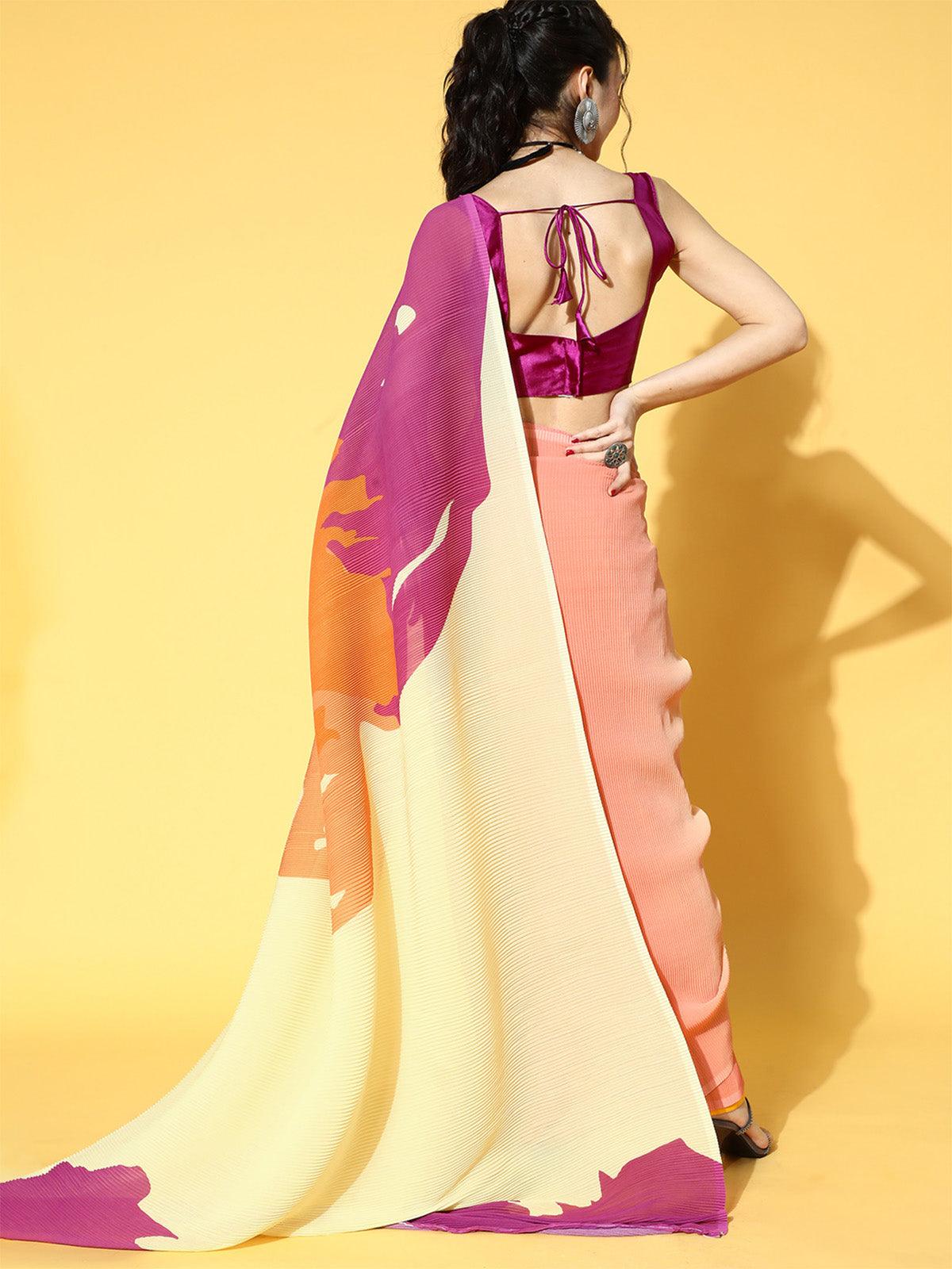 Women's Georgette Peach Solid Designer Saree With Blouse Piece - Odette