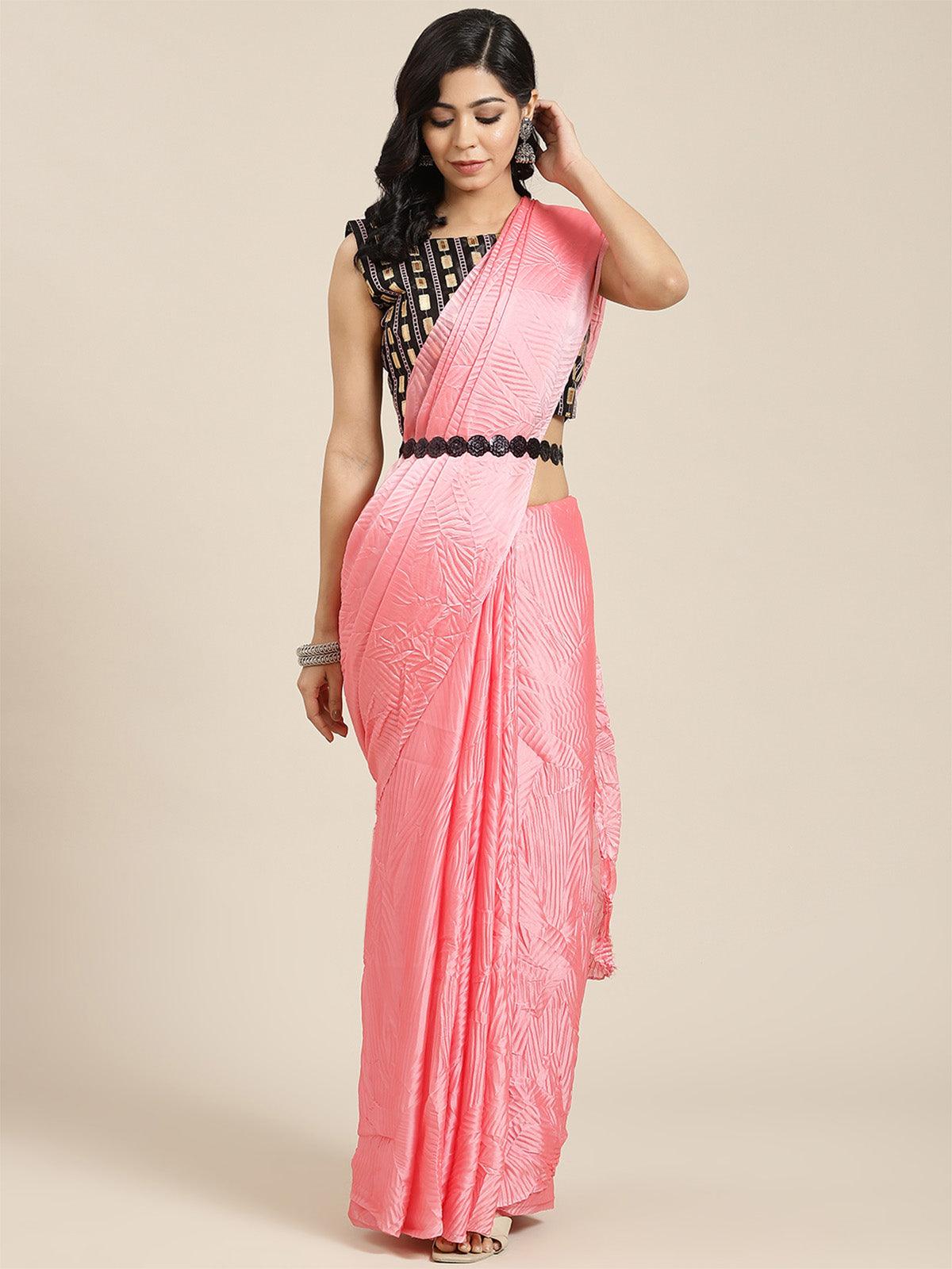 Women's Georgette Pink Solid Belted Saree With Blouse Piece - Odette