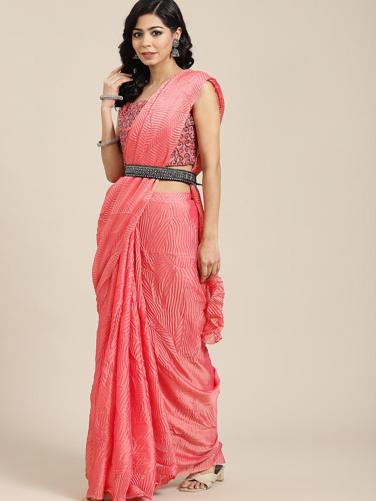 Women's Georgette Pink Solid Belted Saree With Blouse Piece - Odette